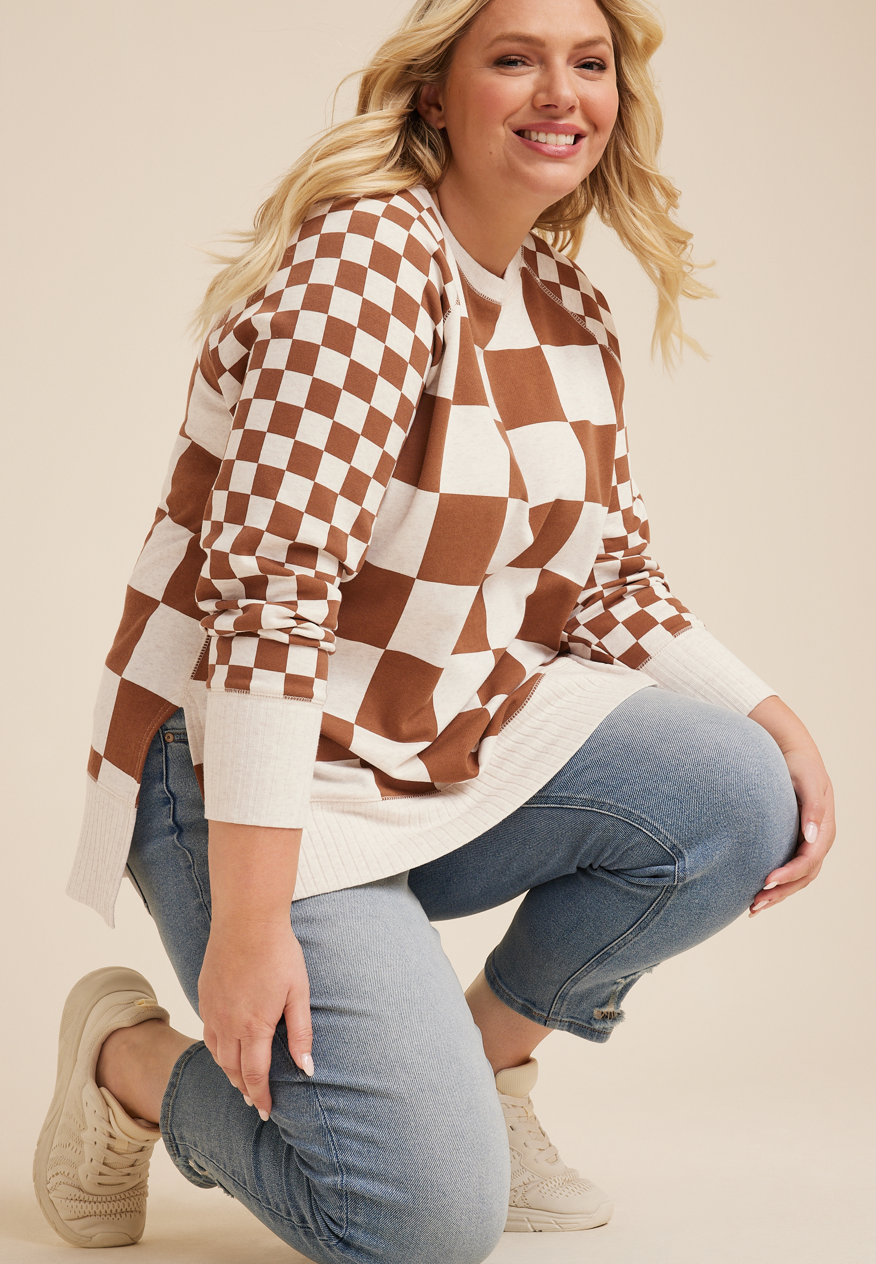 Plus Size Willowsoft Checkered Sweatshirt, C5249, large