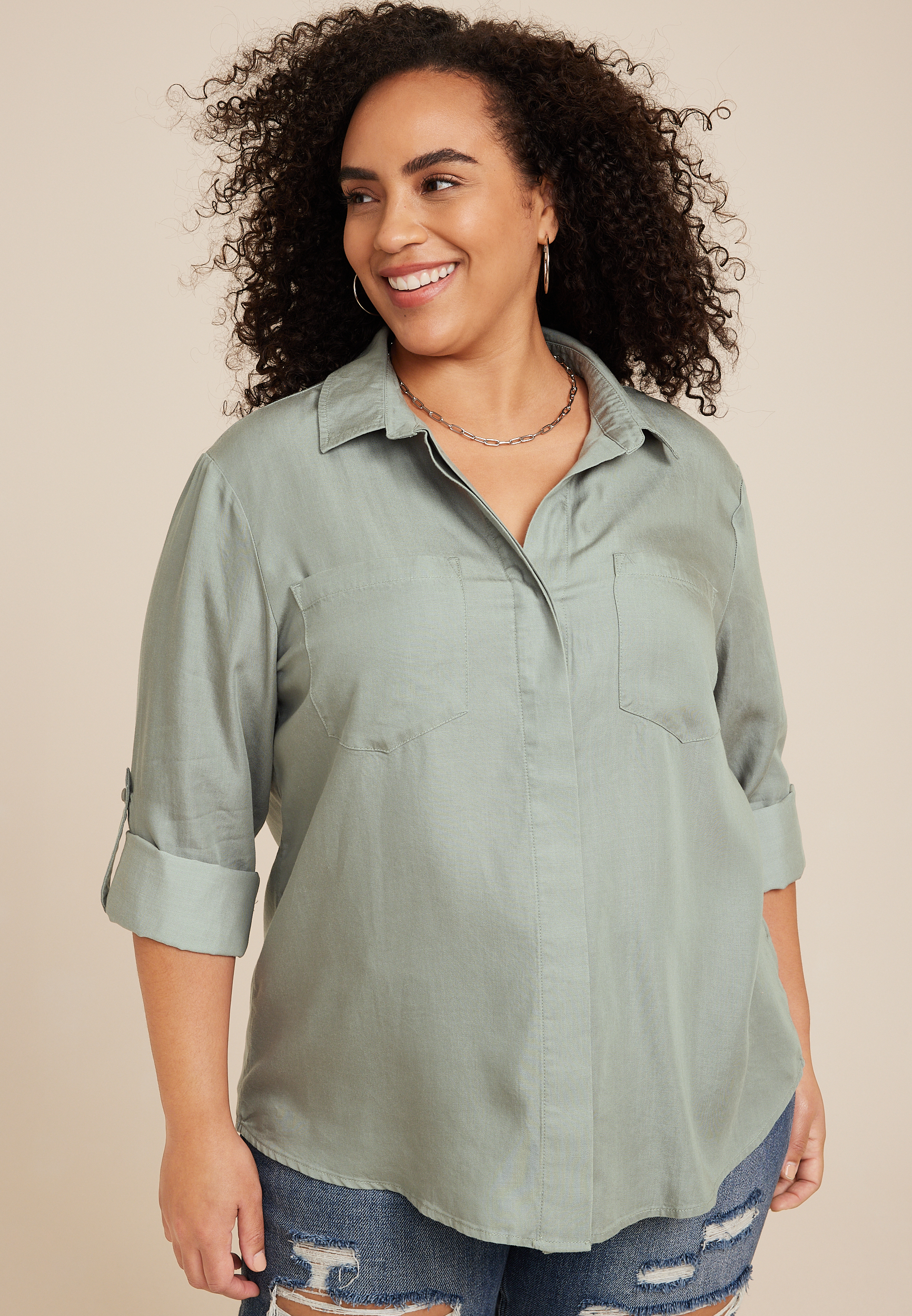 Maurices Plus Size Women's Utility Relaxed Button Up Shirt Green Size 0X