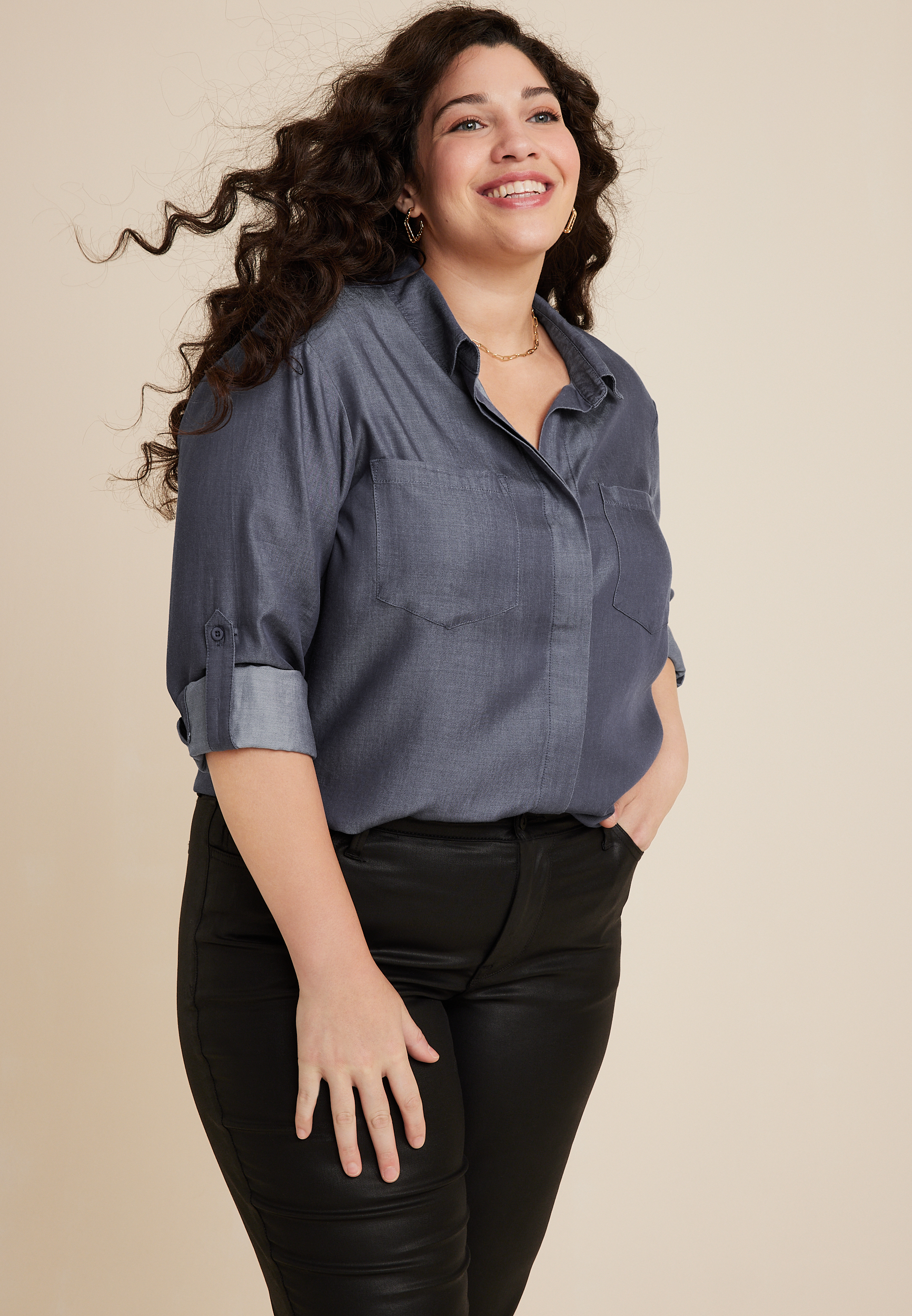 Maurices Plus Size Women's Utility Relaxed Button Up Shirt Blue Size 0X