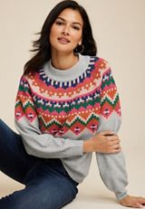 Fair Isle Mock Neck Sweater, LIGHT HEATHER GRAY COMBO, small