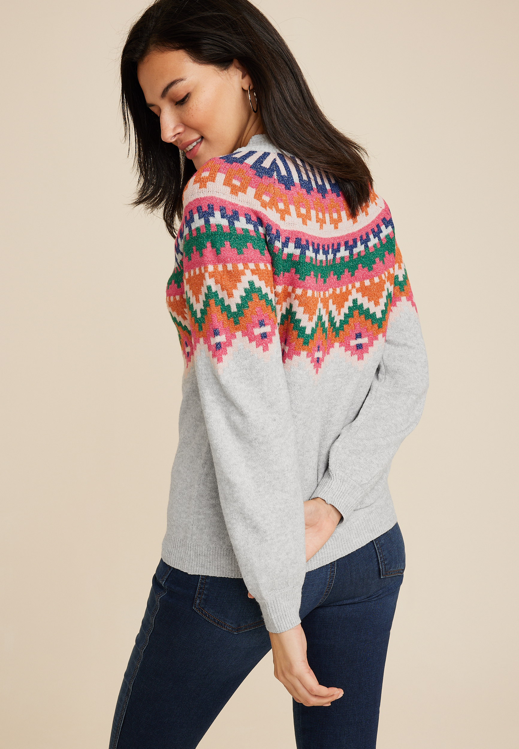 Fair Isle Mock Neck Sweater, LIGHT HEATHER GRAY COMBO, large