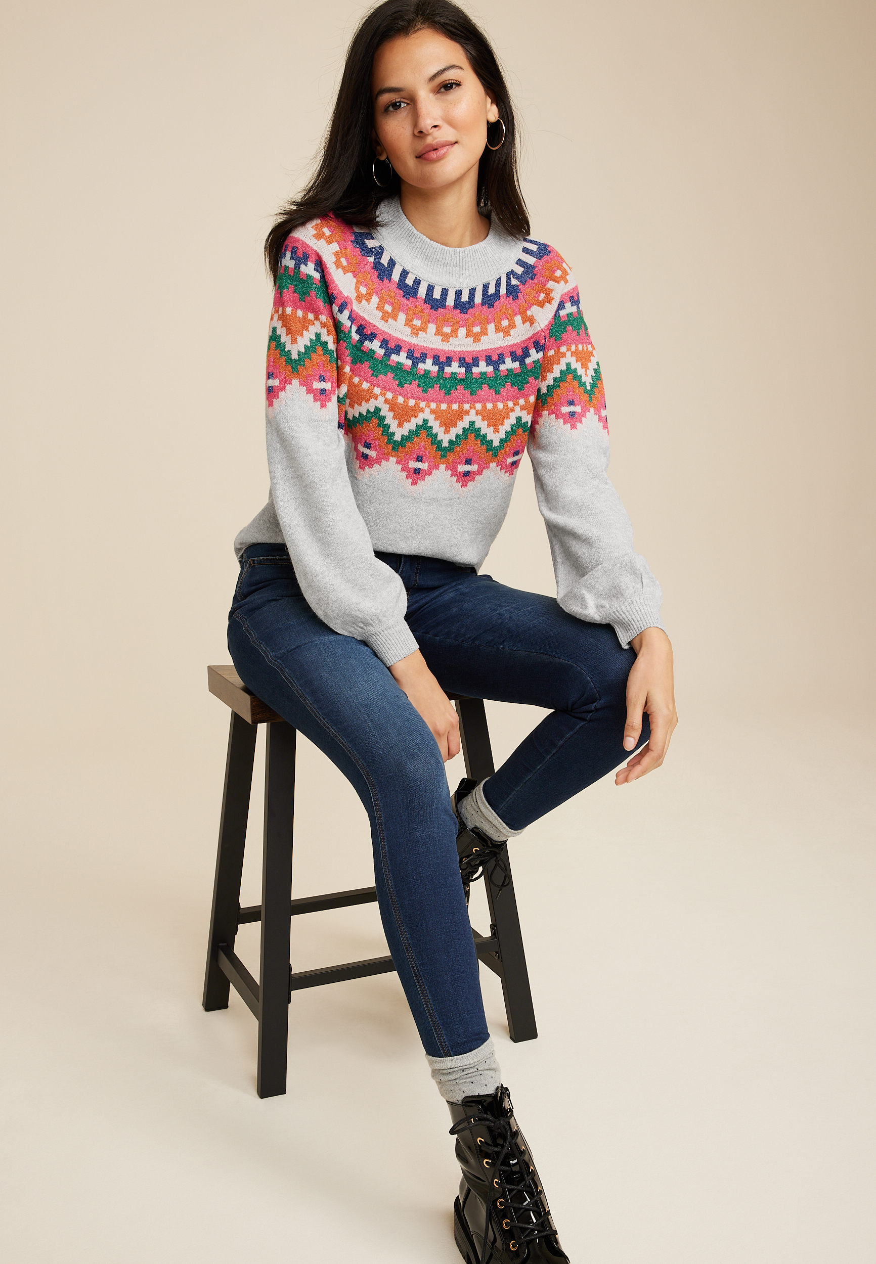 Fair Isle Mock Neck Sweater, LIGHT HEATHER GRAY COMBO, large
