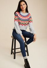 Fair Isle Mock Neck Sweater, LIGHT HEATHER GRAY COMBO, small
