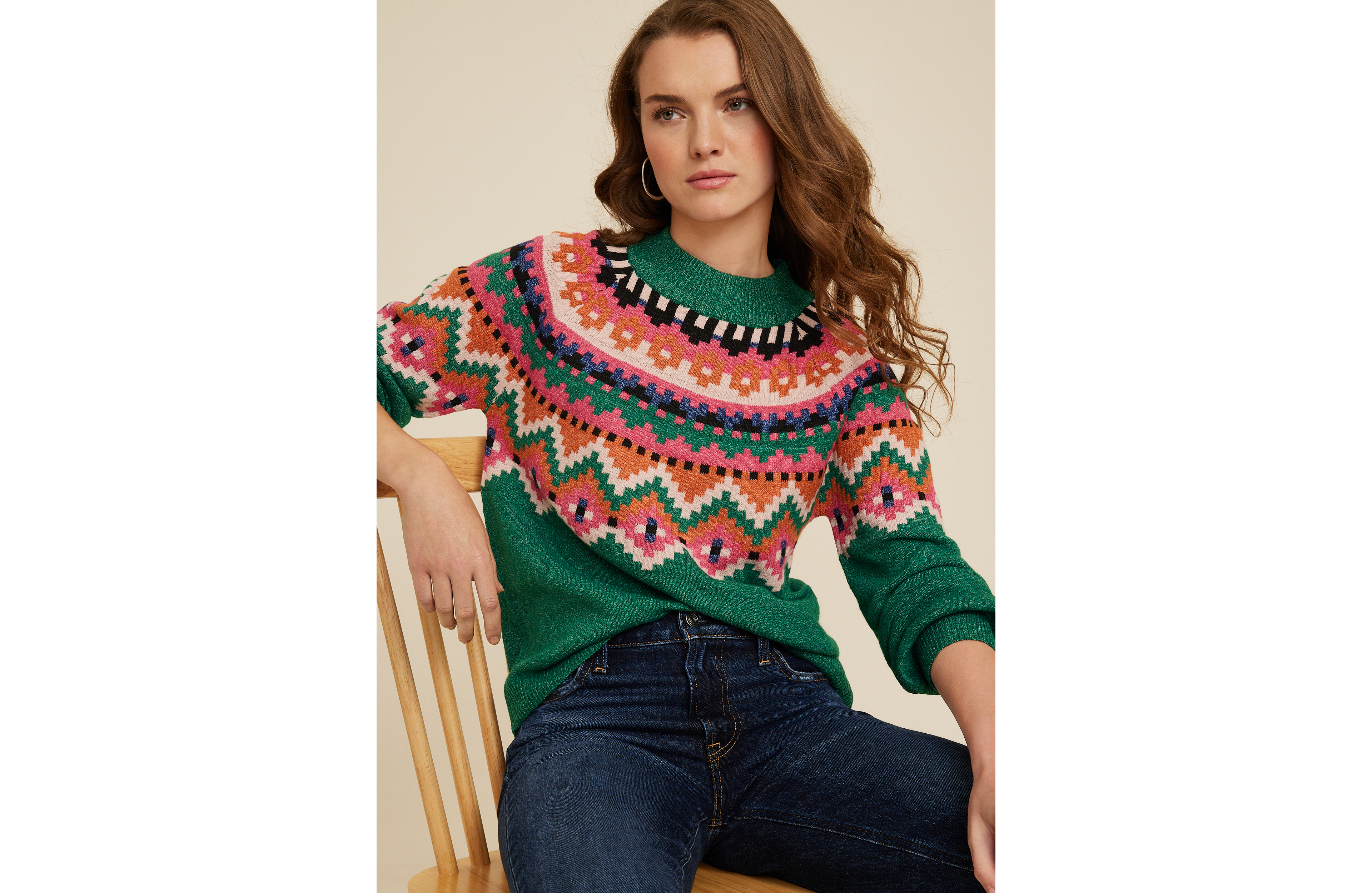 Green Fair Isle Mock Neck Sweater