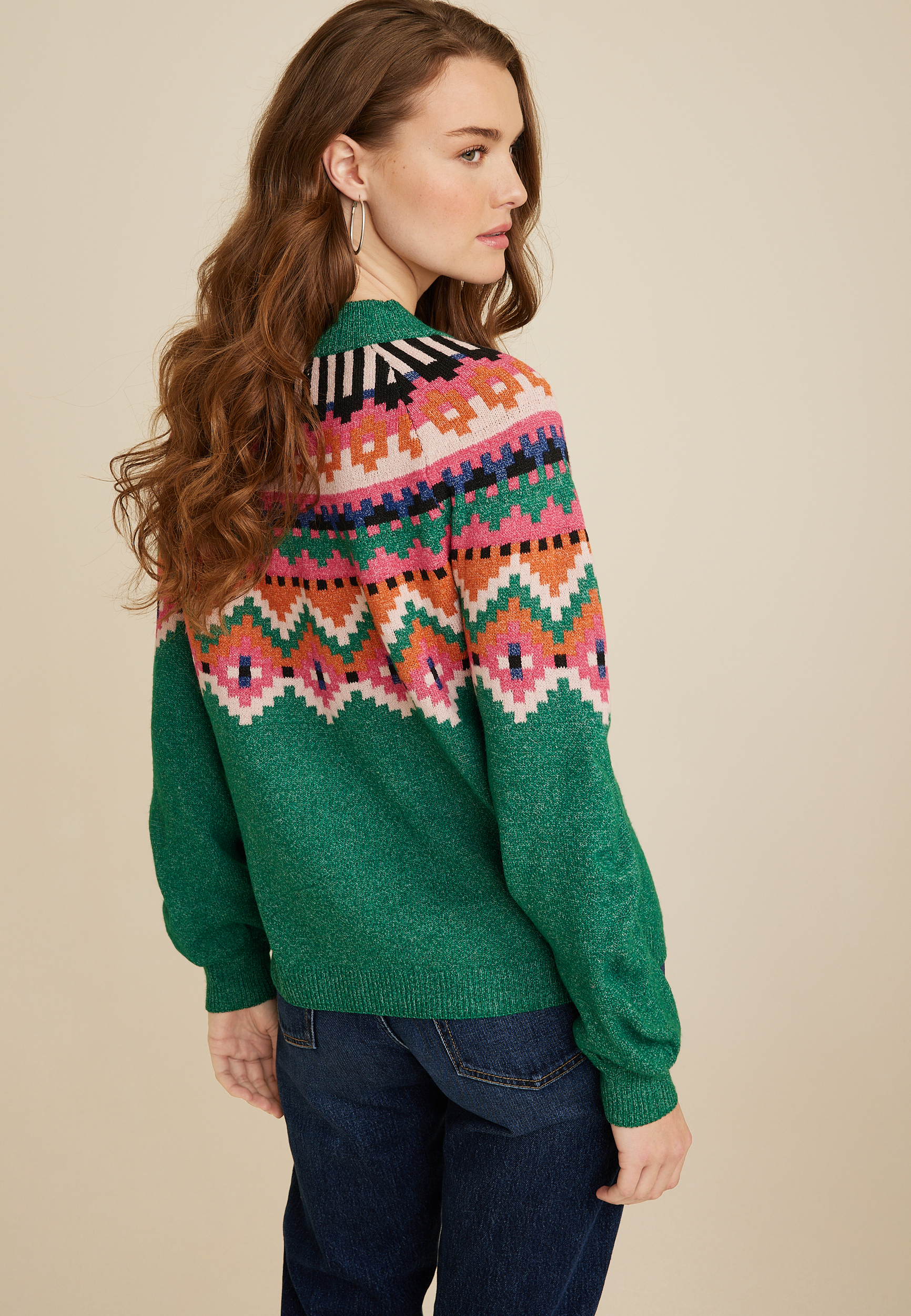 Green Fair Isle Mock Neck Sweater, C8779, large