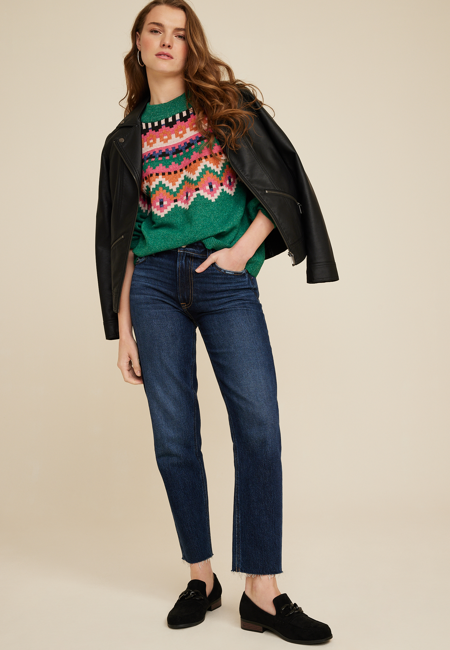 Green Fair Isle Mock Neck Sweater, C8779, large