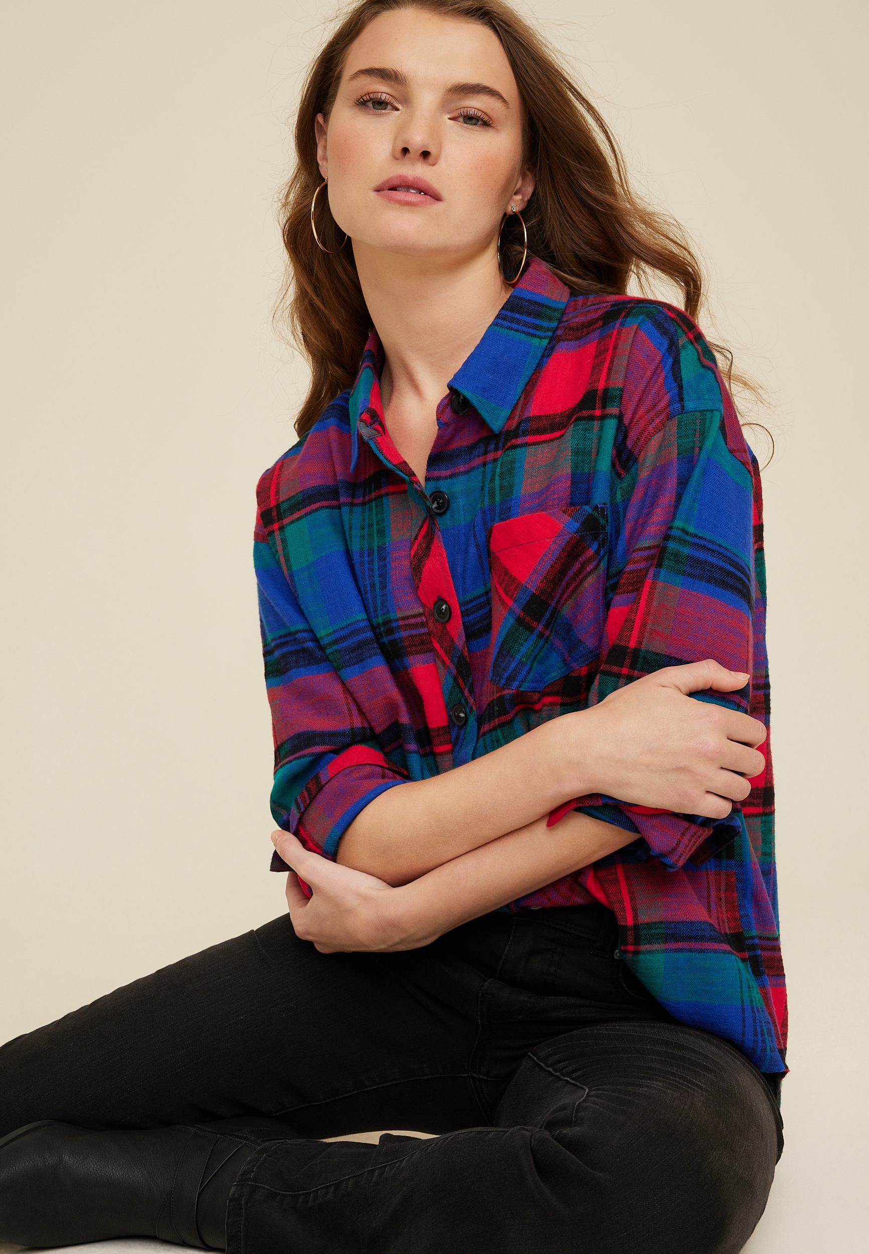 Cabin Plaid Boyfriend Tunic Shirt, MULTI, large