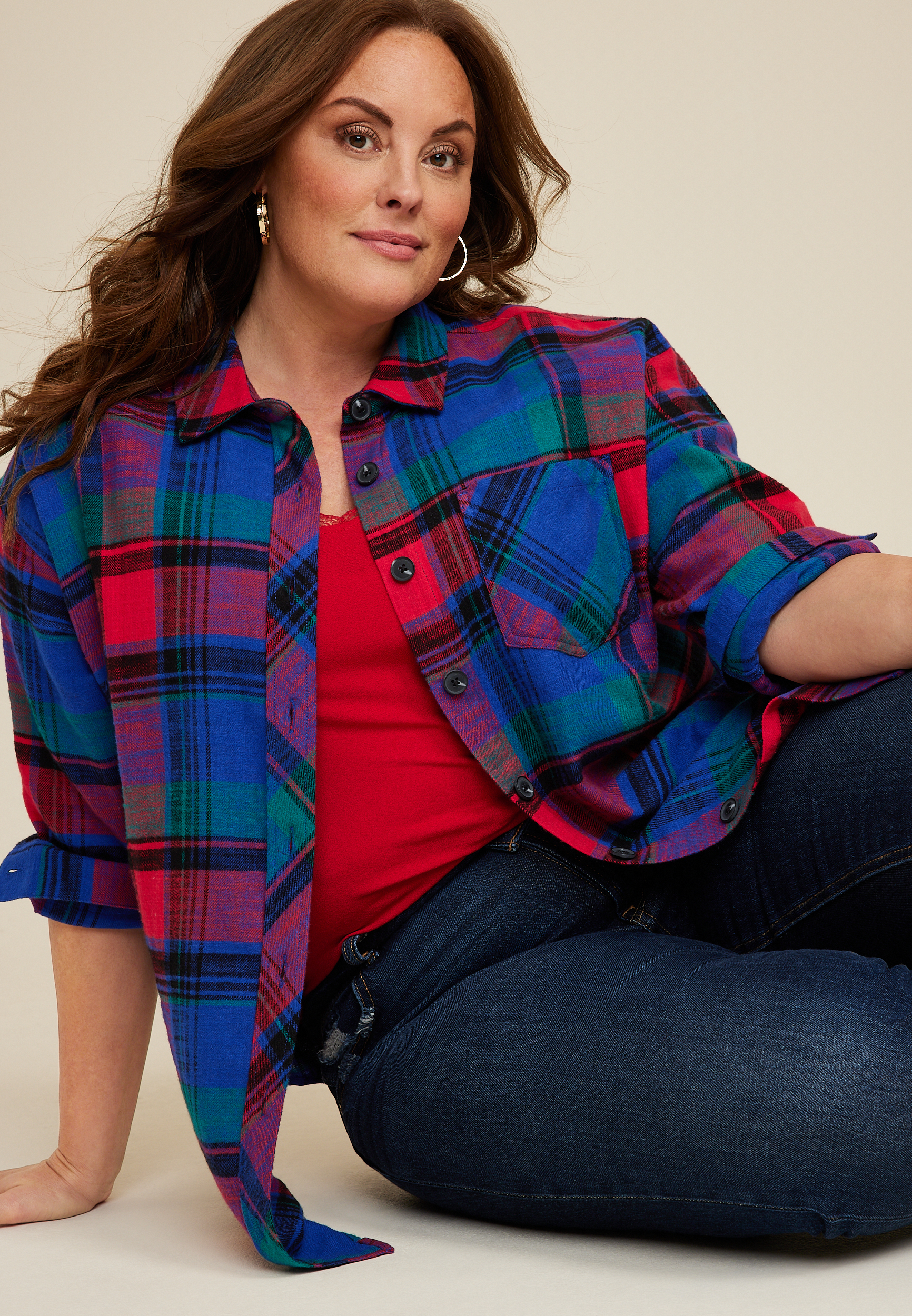 Plus Size Cabin Plaid Boyfriend Tunic Shirt, C1524, large