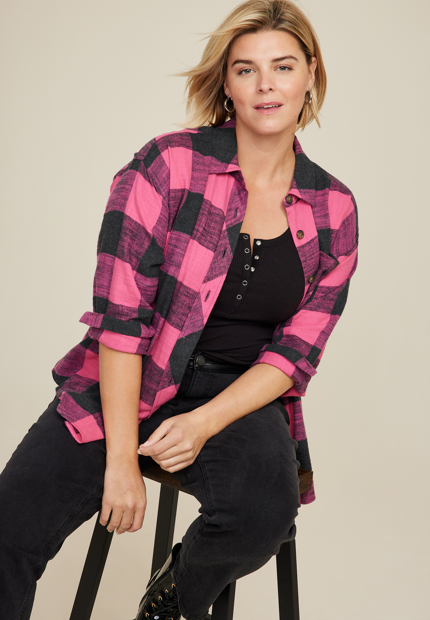Plus Size Cabin Plaid Boyfriend Tunic Shirt, C6982, large