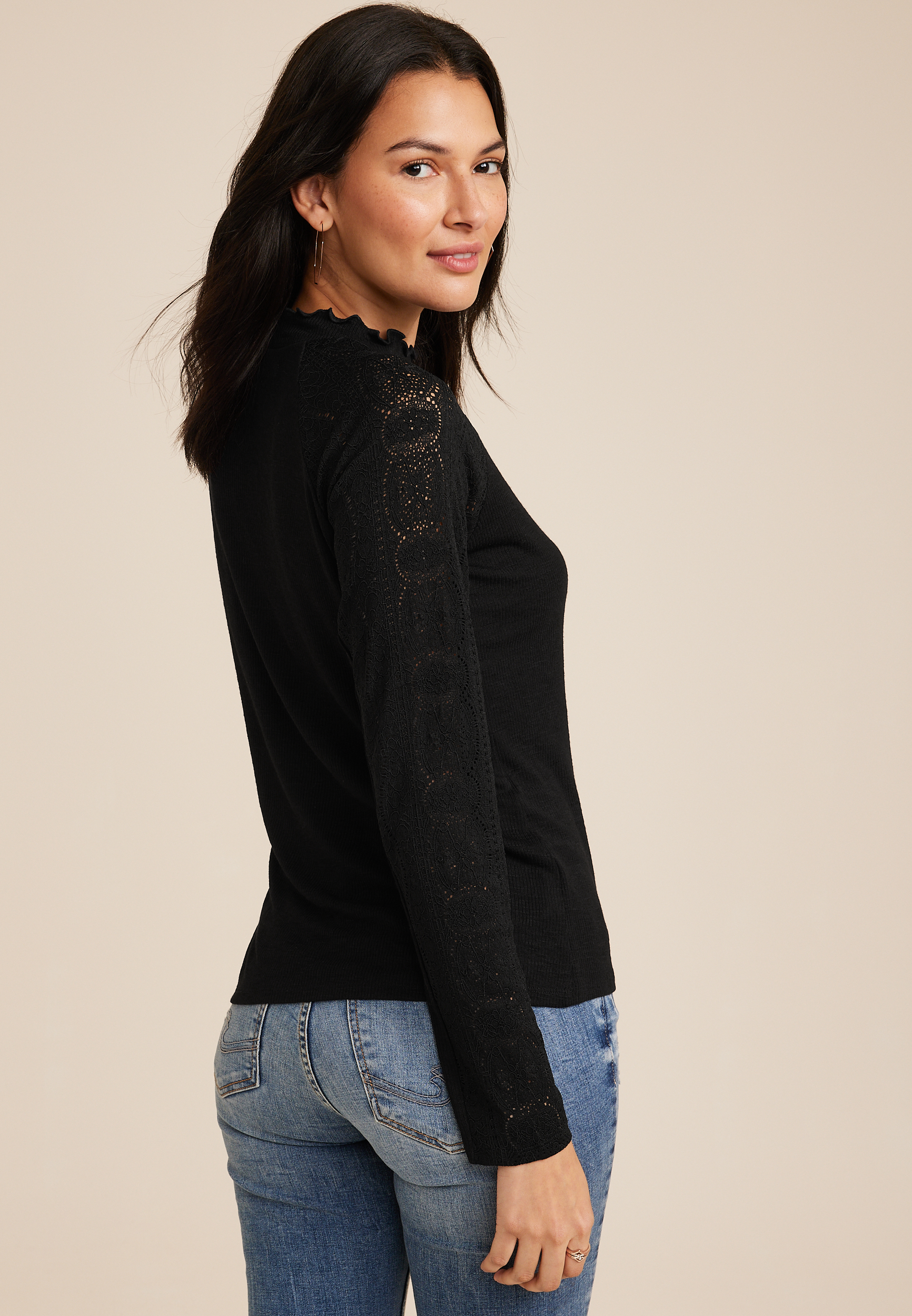 Lace Sleeve Mock Neck Top, C106, large