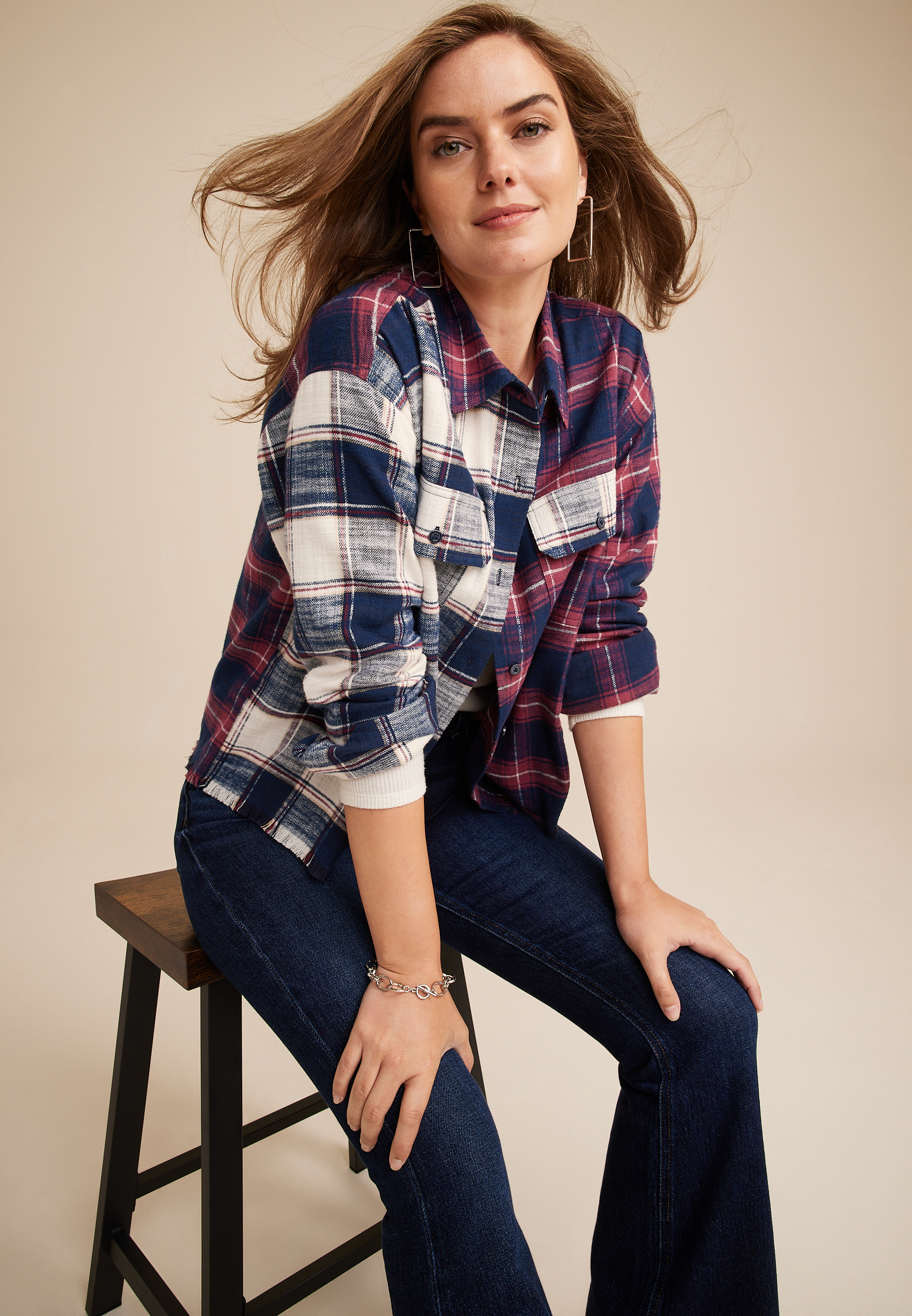 Cabin Plaid Boyfriend Button Up Shirt, C1524, large