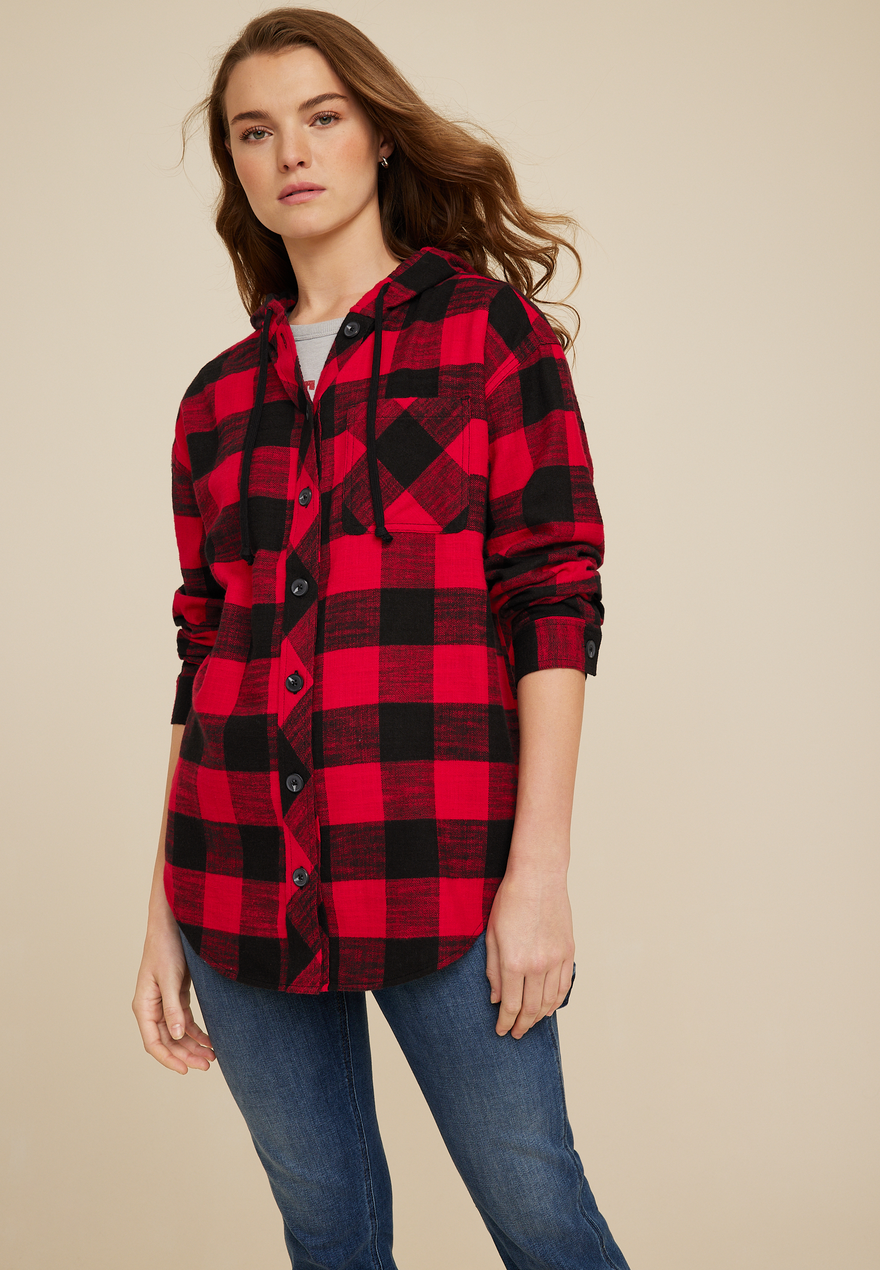Cabin Plaid Hooded Boyfriend Tunic Shirt | maurices