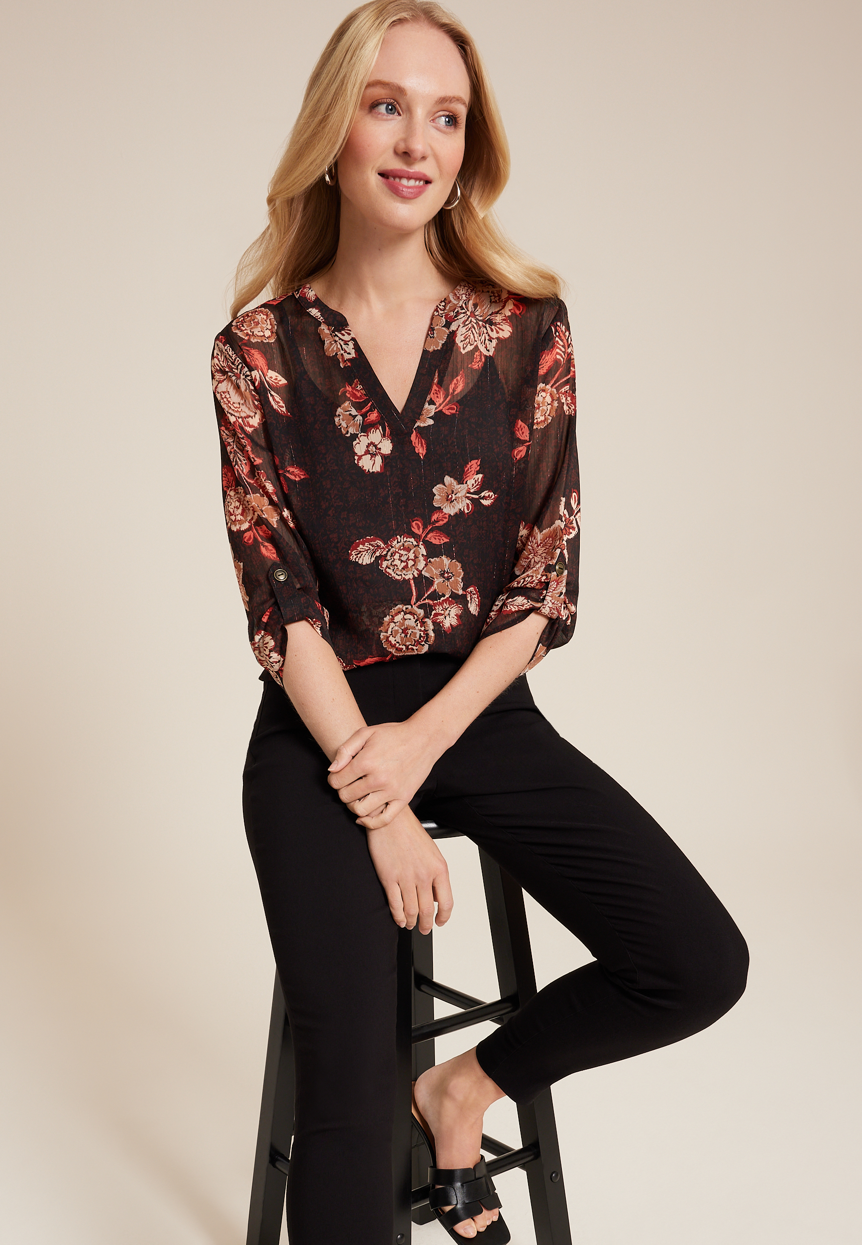 Atwood Floral 3/4 Sleeve Popover Blouse