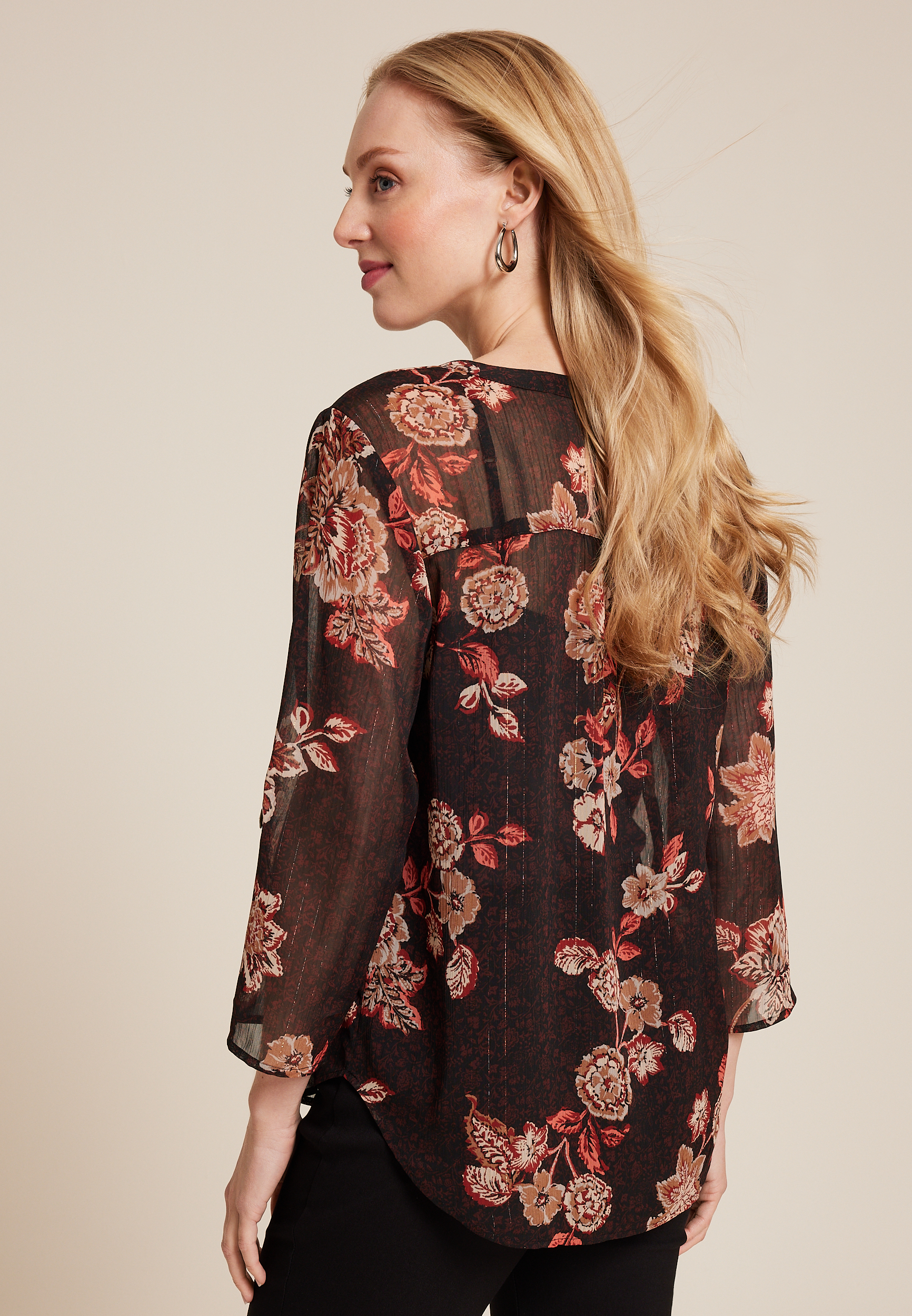 Atwood Floral 3/4 Sleeve Popover Blouse, BLACK COMBO, large