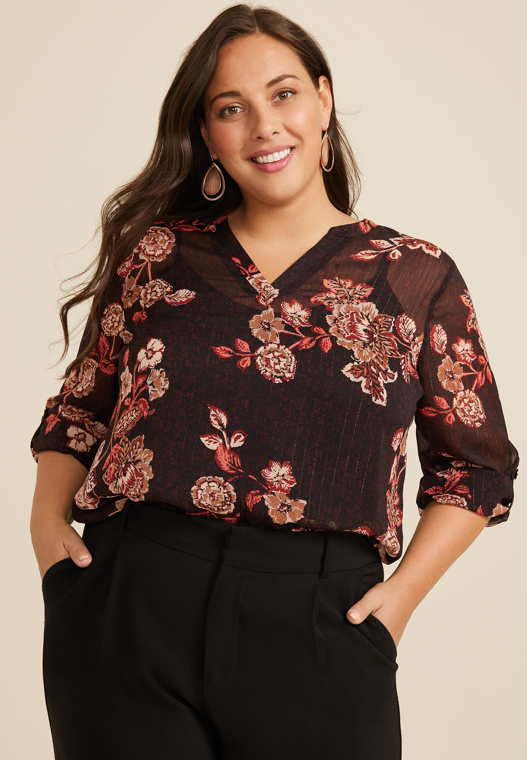 Plus Atwood Floral 3/4 Sleeve Popover Blouse