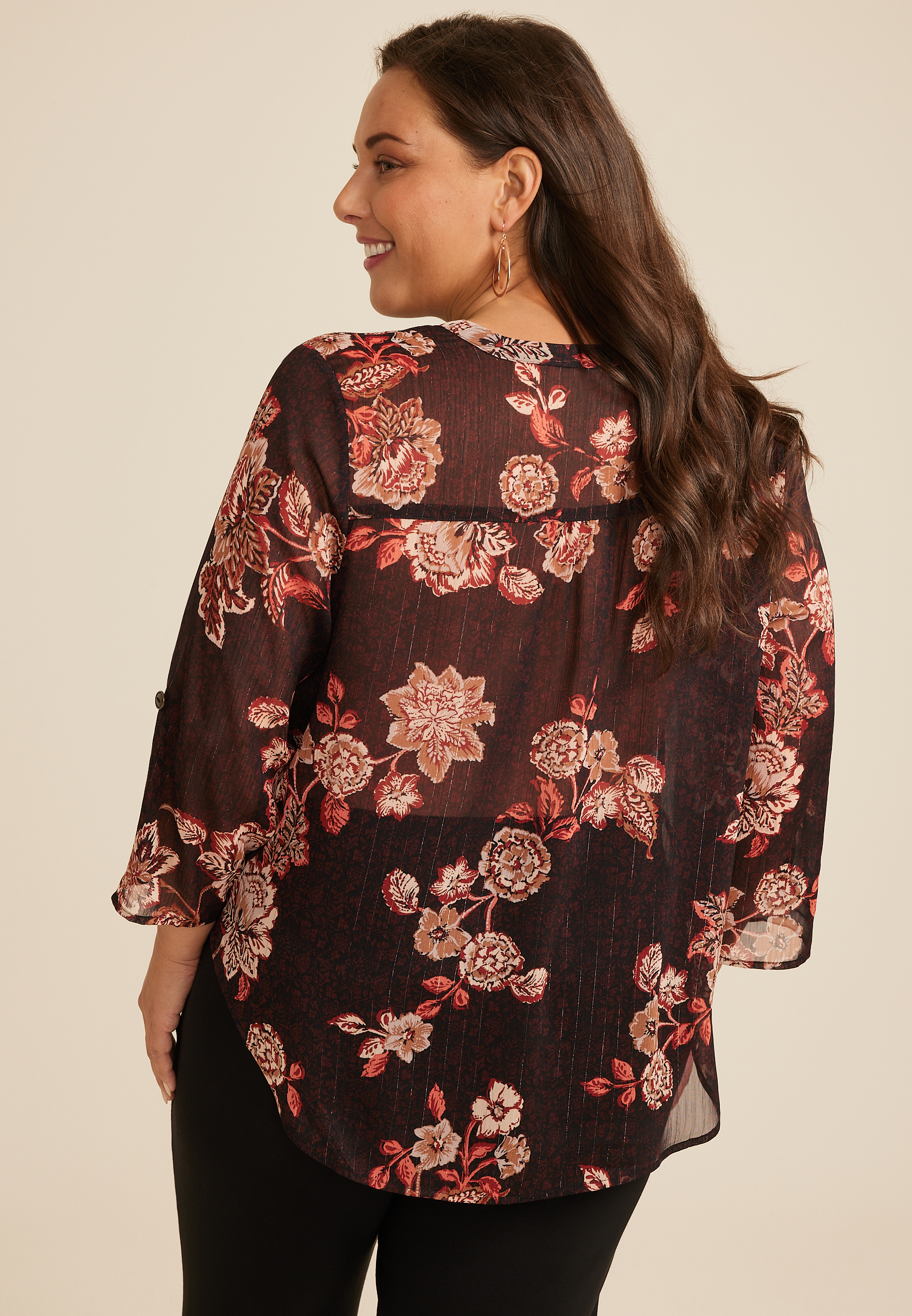 Plus Size Atwood Floral 3/4 Sleeve Popover Blouse, C1756, large