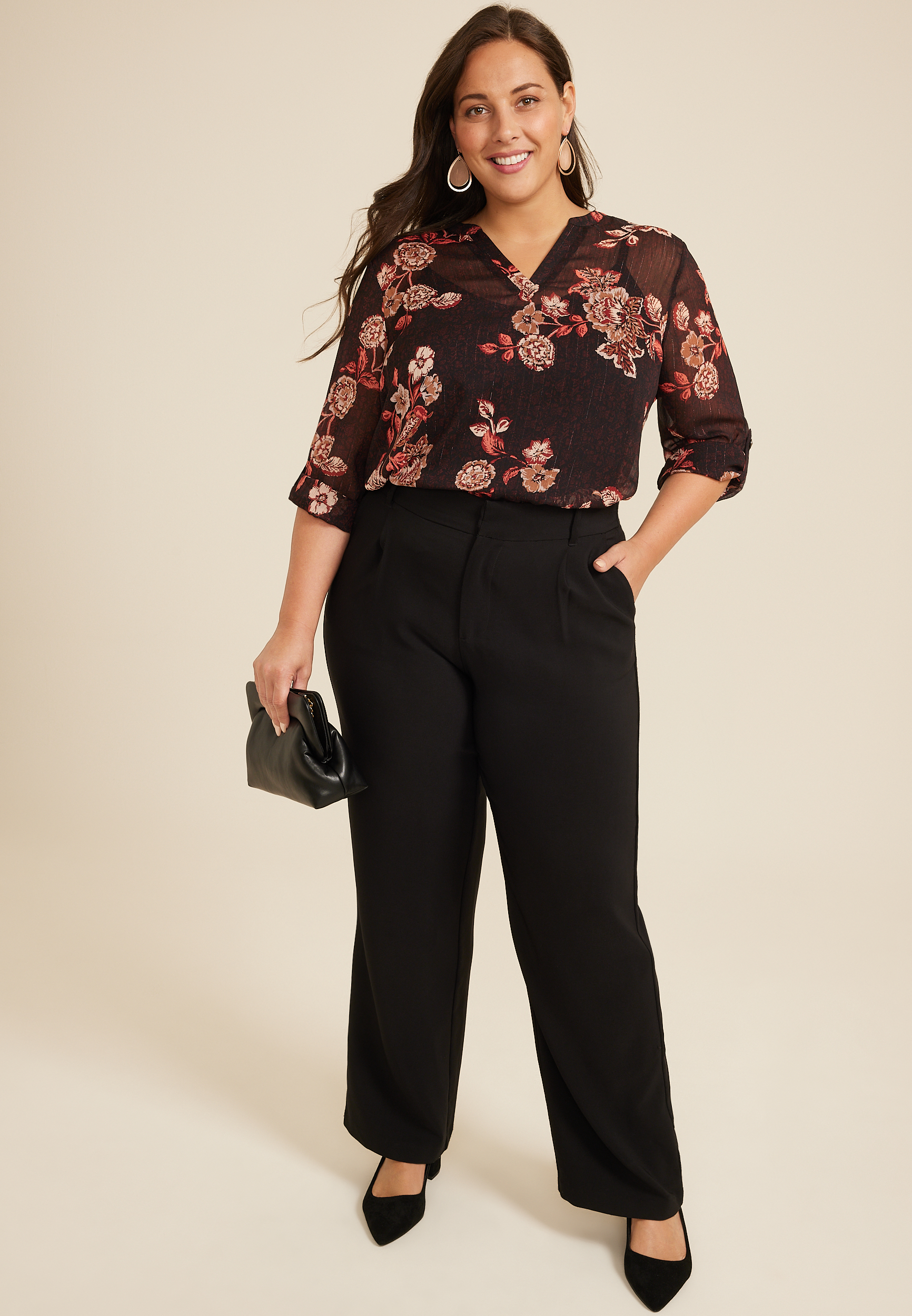Plus Size Atwood Floral 3/4 Sleeve Popover Blouse, C1756, large