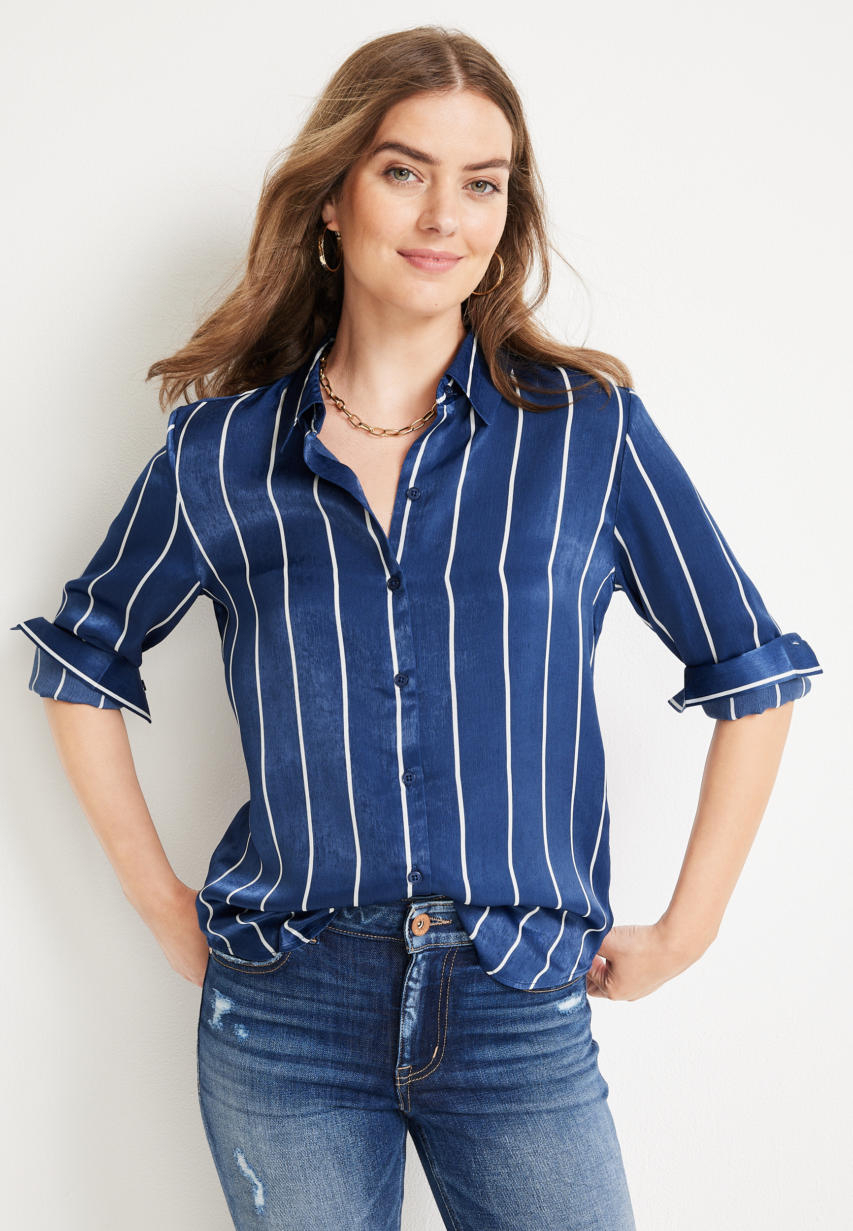 Winona Striped Satin Button Down Blouse | maurices