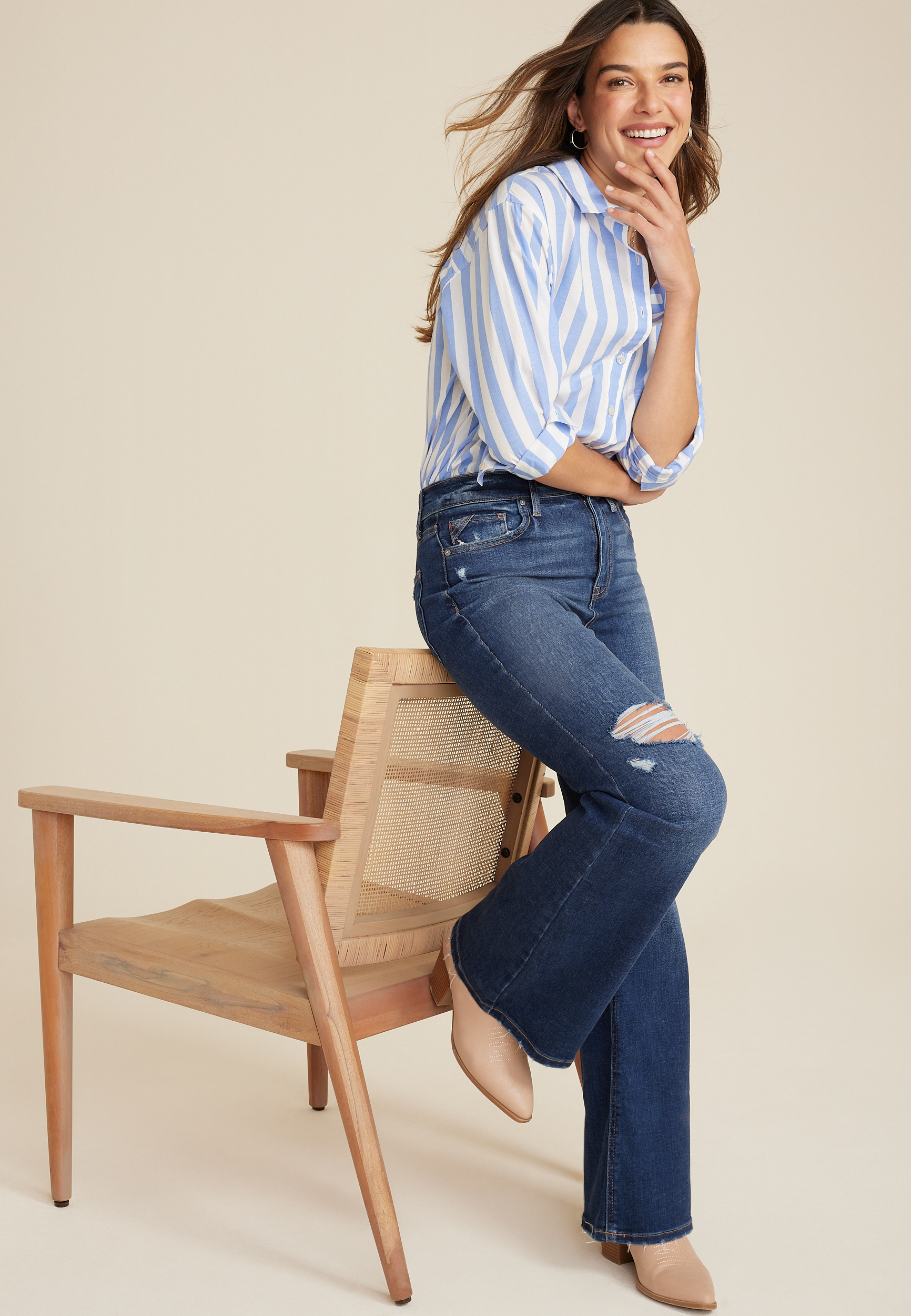 edgely&trade; Super High Rise Ripped Relaxed Flare Jean, MEDIUM SANDBLAST, large