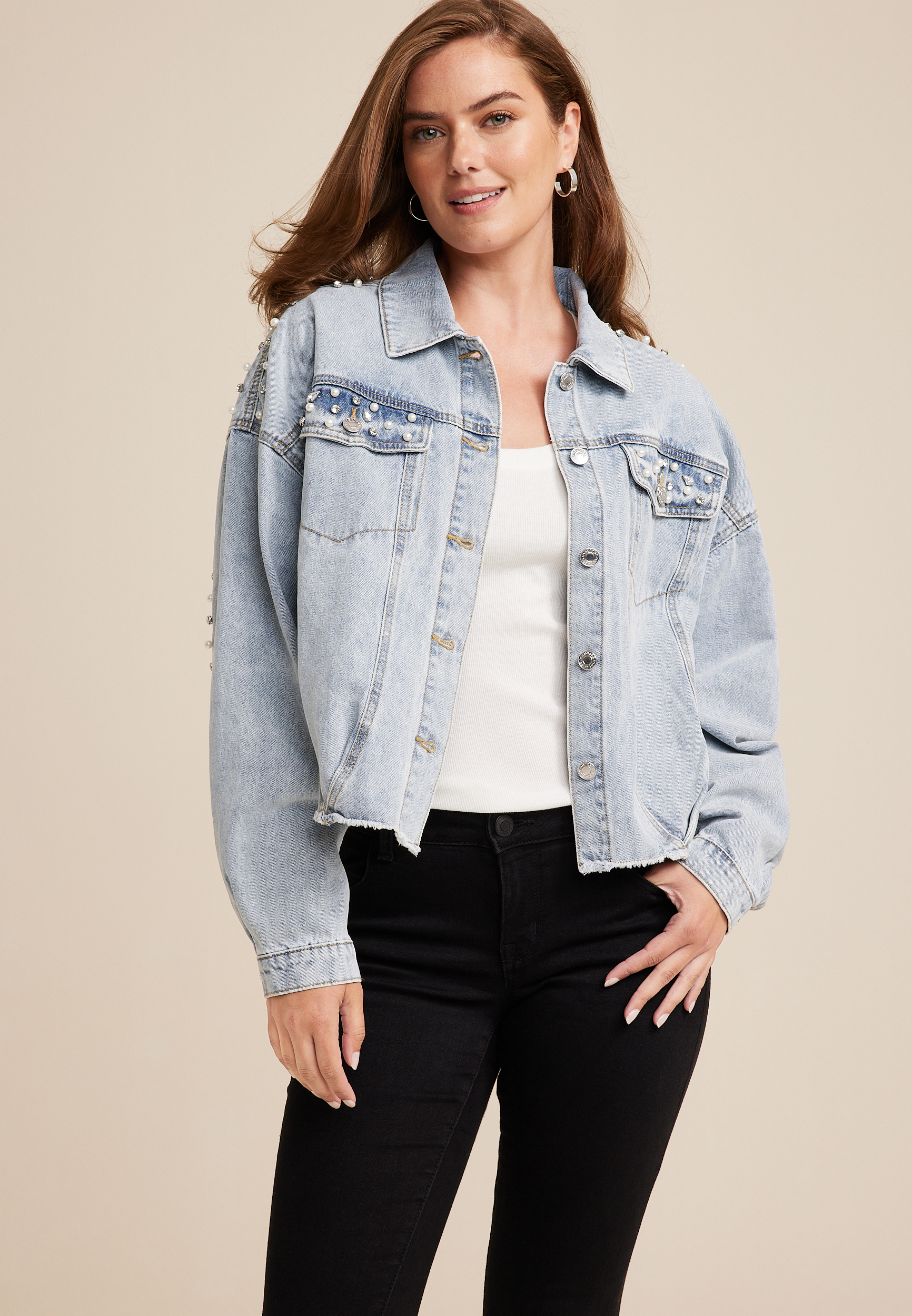 Denim jackets with pearls best sale