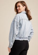 Embroidered Pearl Studded Denim Jacket, C2806, small