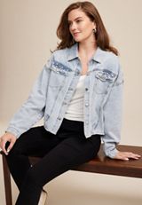 Embroidered Pearl Studded Denim Jacket, C2806, small