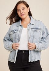 Plus Size Embroidered Pearl Studded Denim Jacket, LIGHT SANDBLAST, small