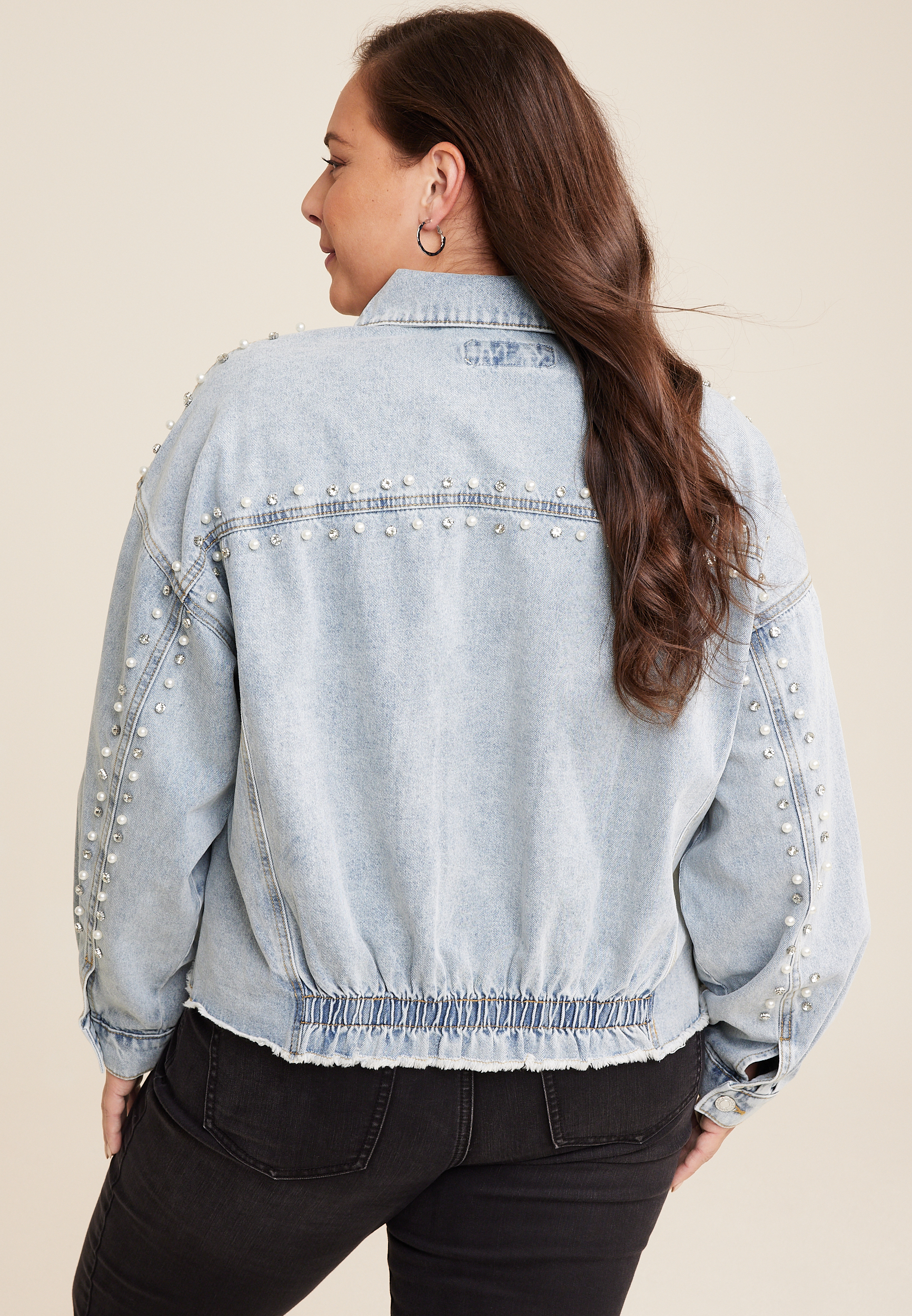 Plus Size Embroidered Pearl Studded Denim Jacket, LIGHT SANDBLAST, large