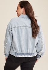 Plus Size Embroidered Pearl Studded Denim Jacket, LIGHT SANDBLAST, small