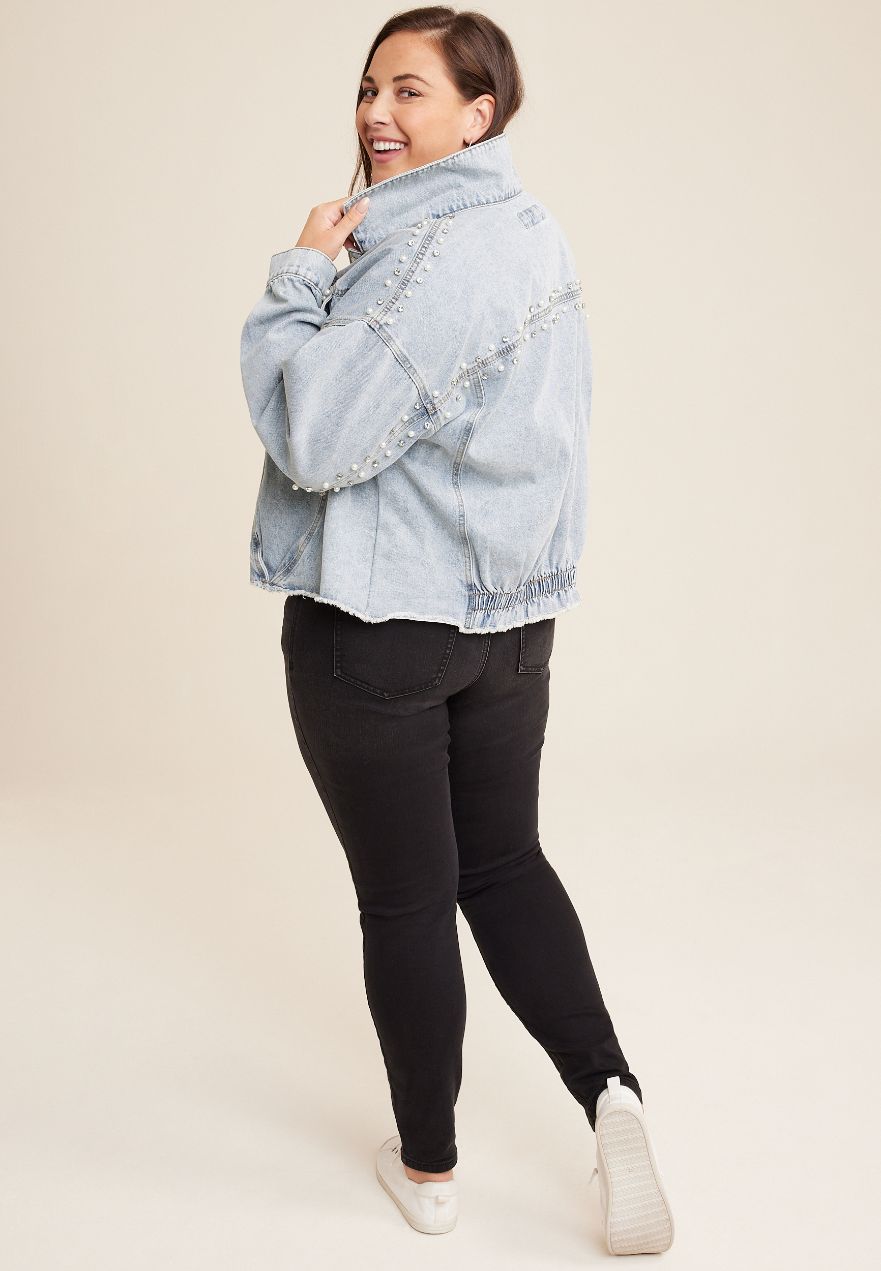 Plus Size Embroidered Pearl Studded Denim Jacket, LIGHT SANDBLAST, large