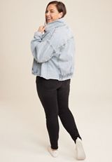 Plus Size Embroidered Pearl Studded Denim Jacket, LIGHT SANDBLAST, small