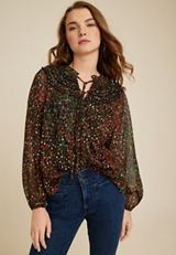 Floral Ruffle Peasant Blouse, BLACK COMBO, small