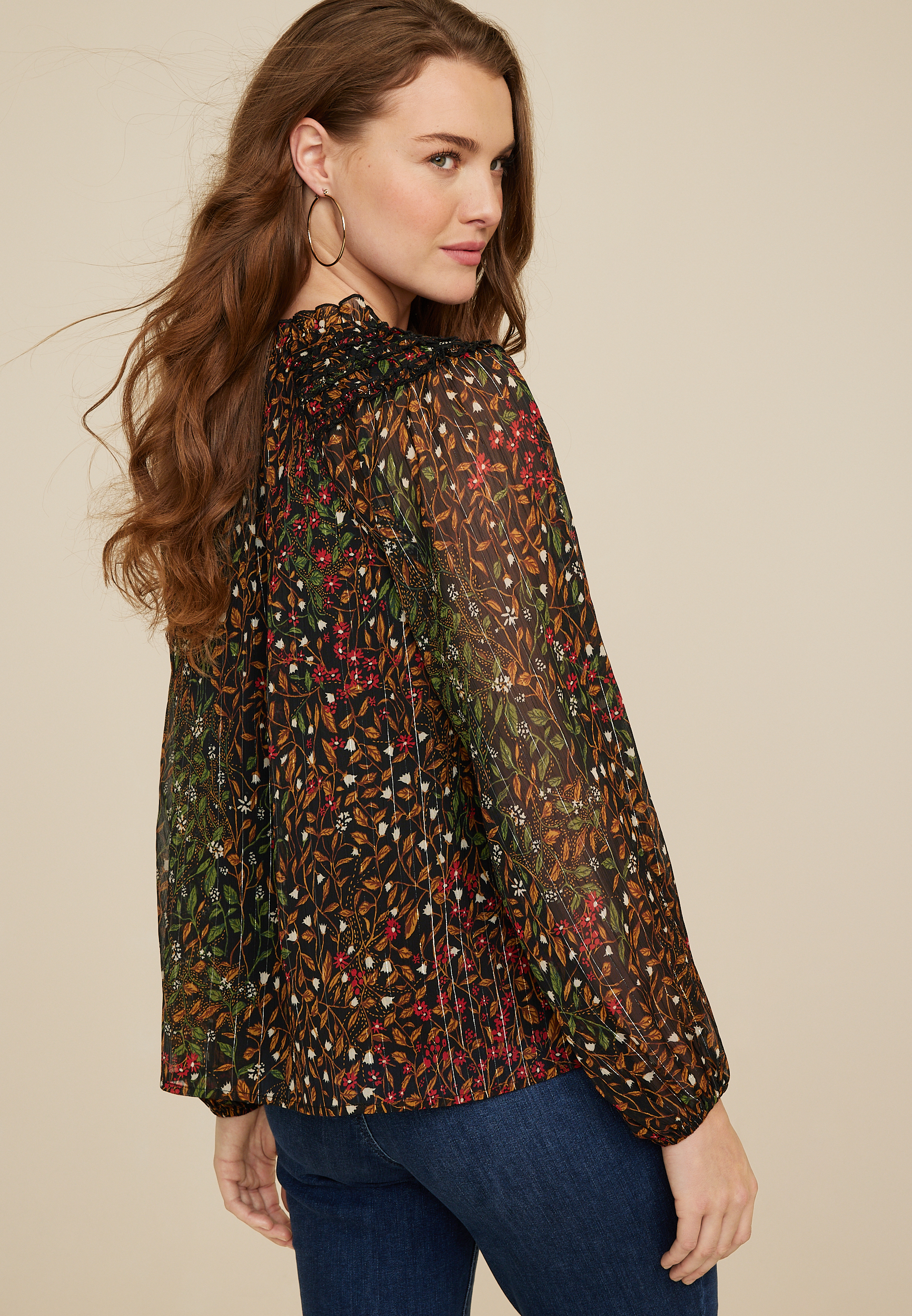 Floral Ruffle Peasant Blouse, BLACK COMBO, large