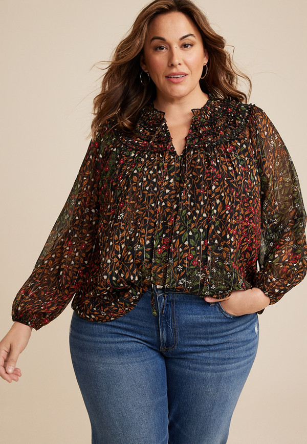 Plus Size Floral Ruffle Peasant Blouse | maurices
