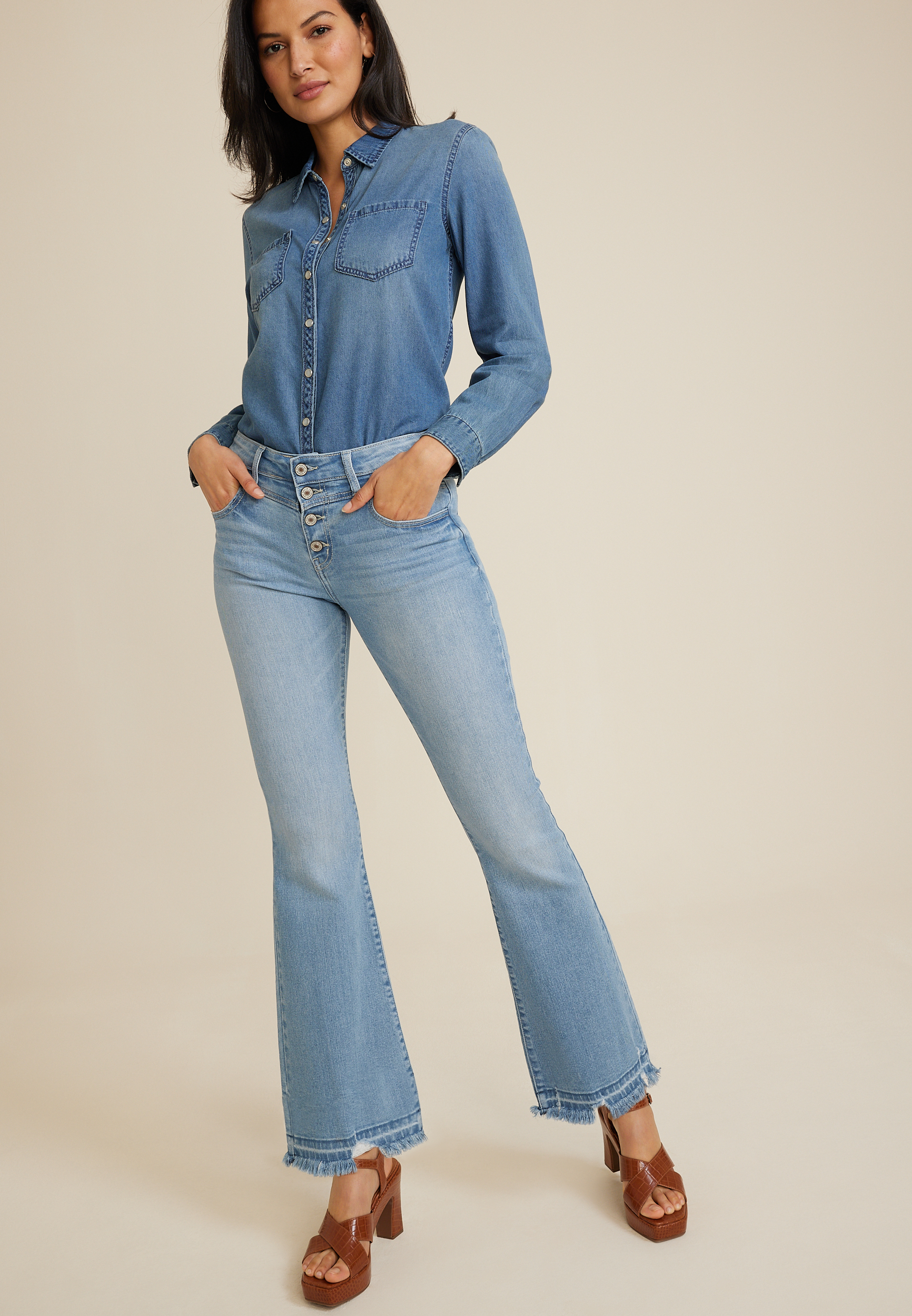 KanCan™ High Rise Release Frayed Hem Button Fly Flare Jean | maurices