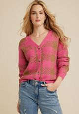 Pink Plaid Button Down Cardigan, C6982, small