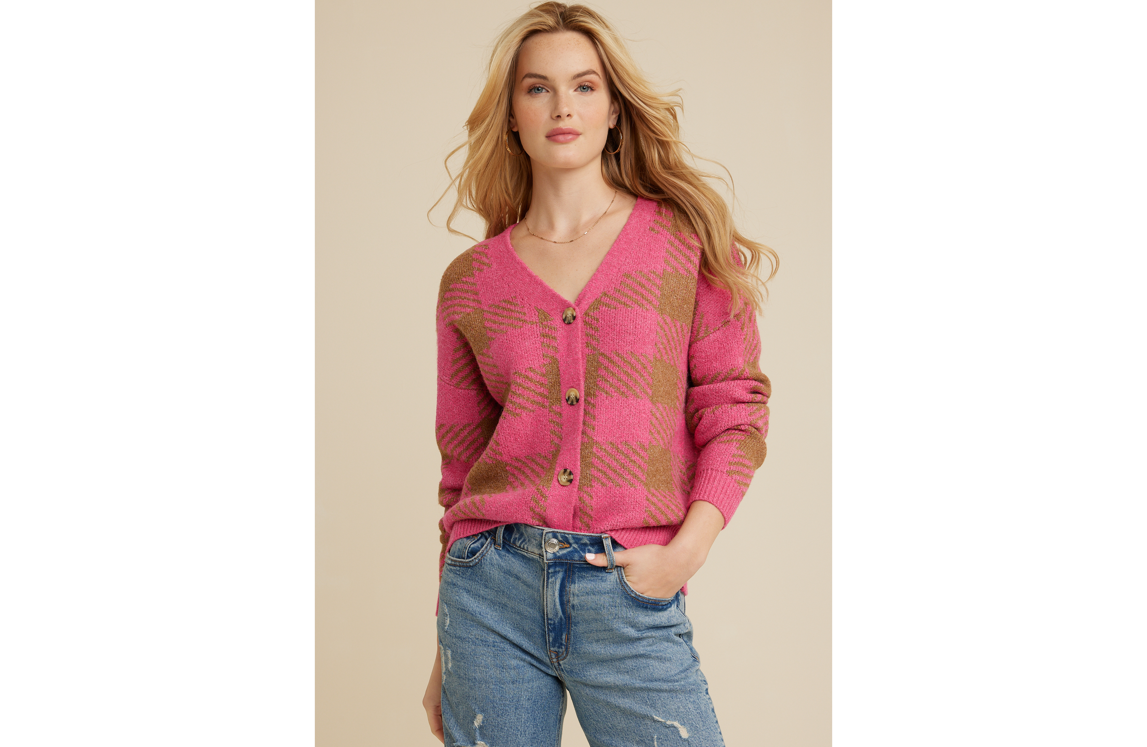 Pink Plaid Button Down Cardigan