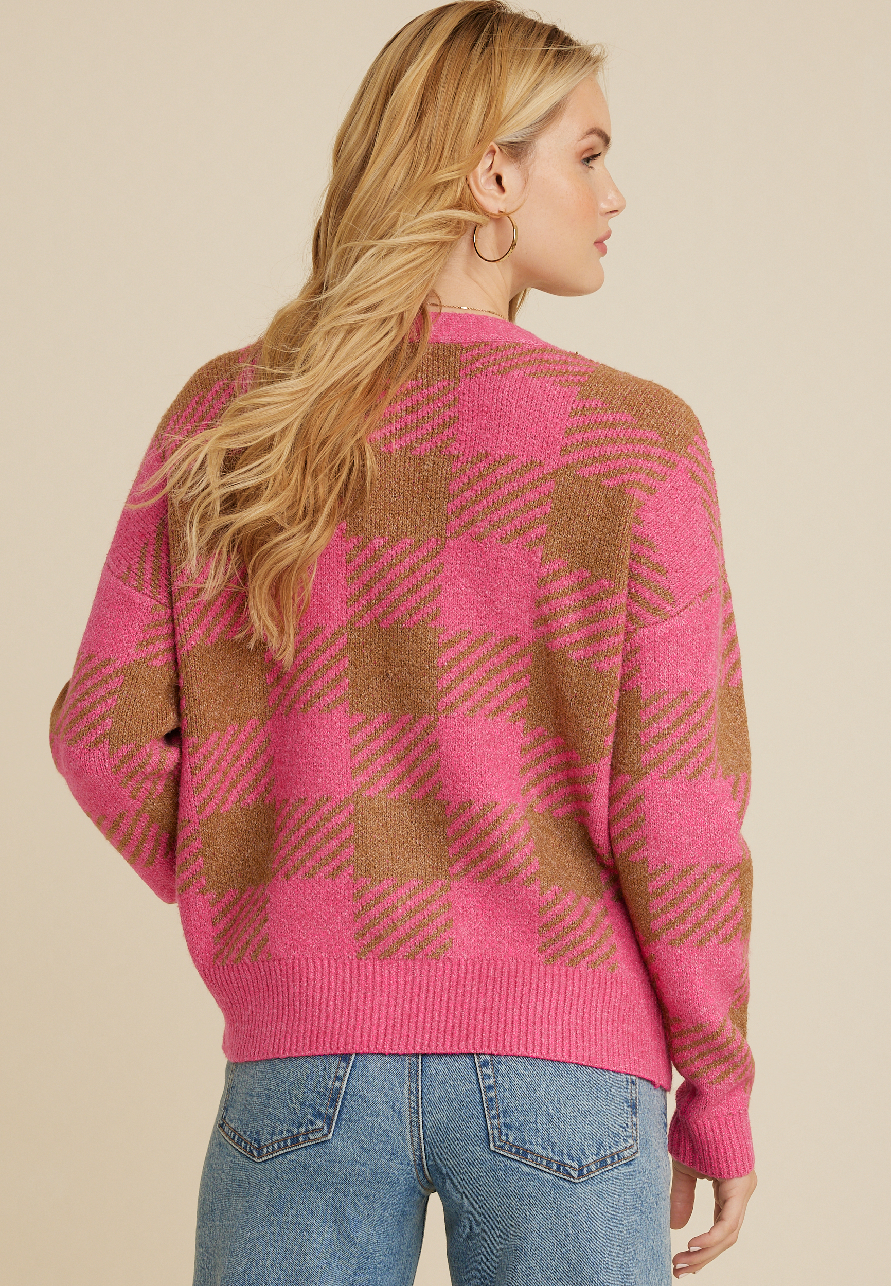 Pink Plaid Button Down Cardigan, C6982, large