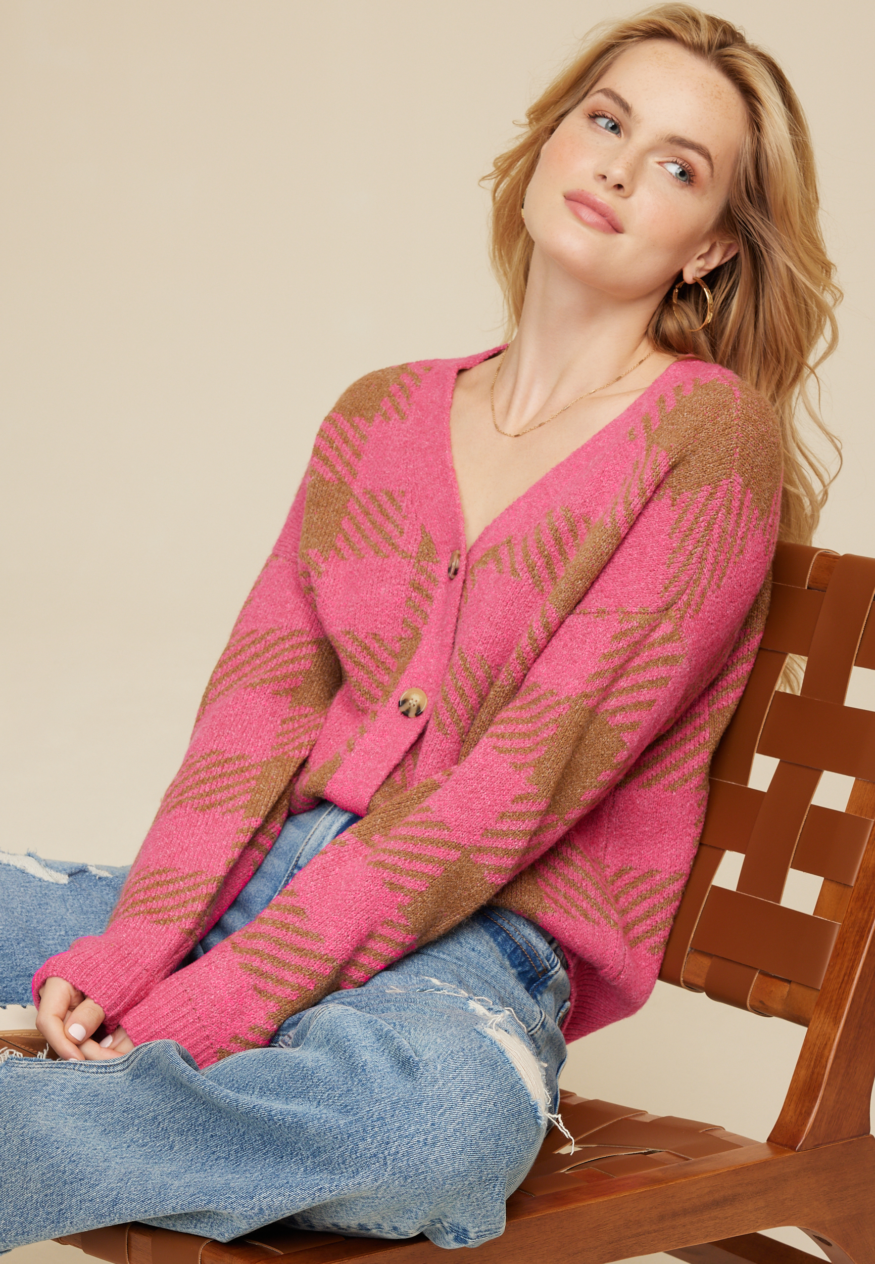 Pink Plaid Button Down Cardigan, C6982, large