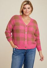 Plus Size Pink Plaid Button Down Cardigan, C6982, small