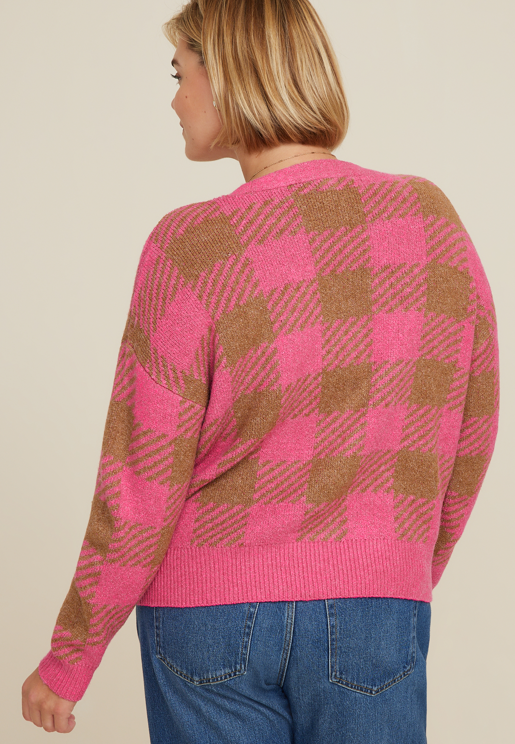 Plus Size Pink Plaid Button Down Cardigan, C6982, large