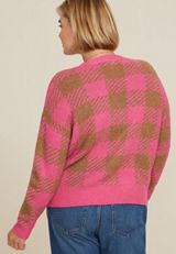 Plus Size Pink Plaid Button Down Cardigan, C6982, small