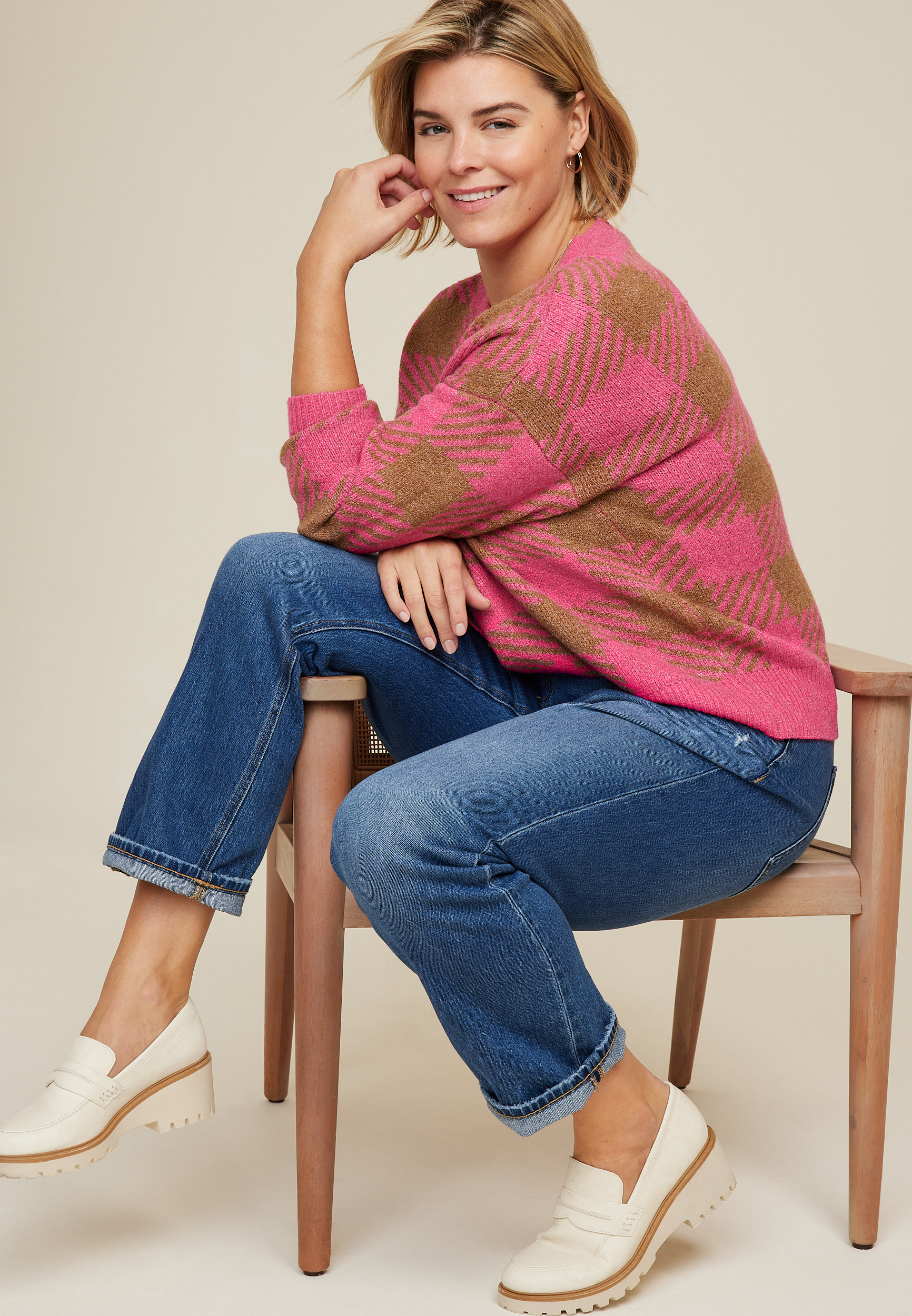 Plus Size Pink Plaid Button Down Cardigan, C6982, large