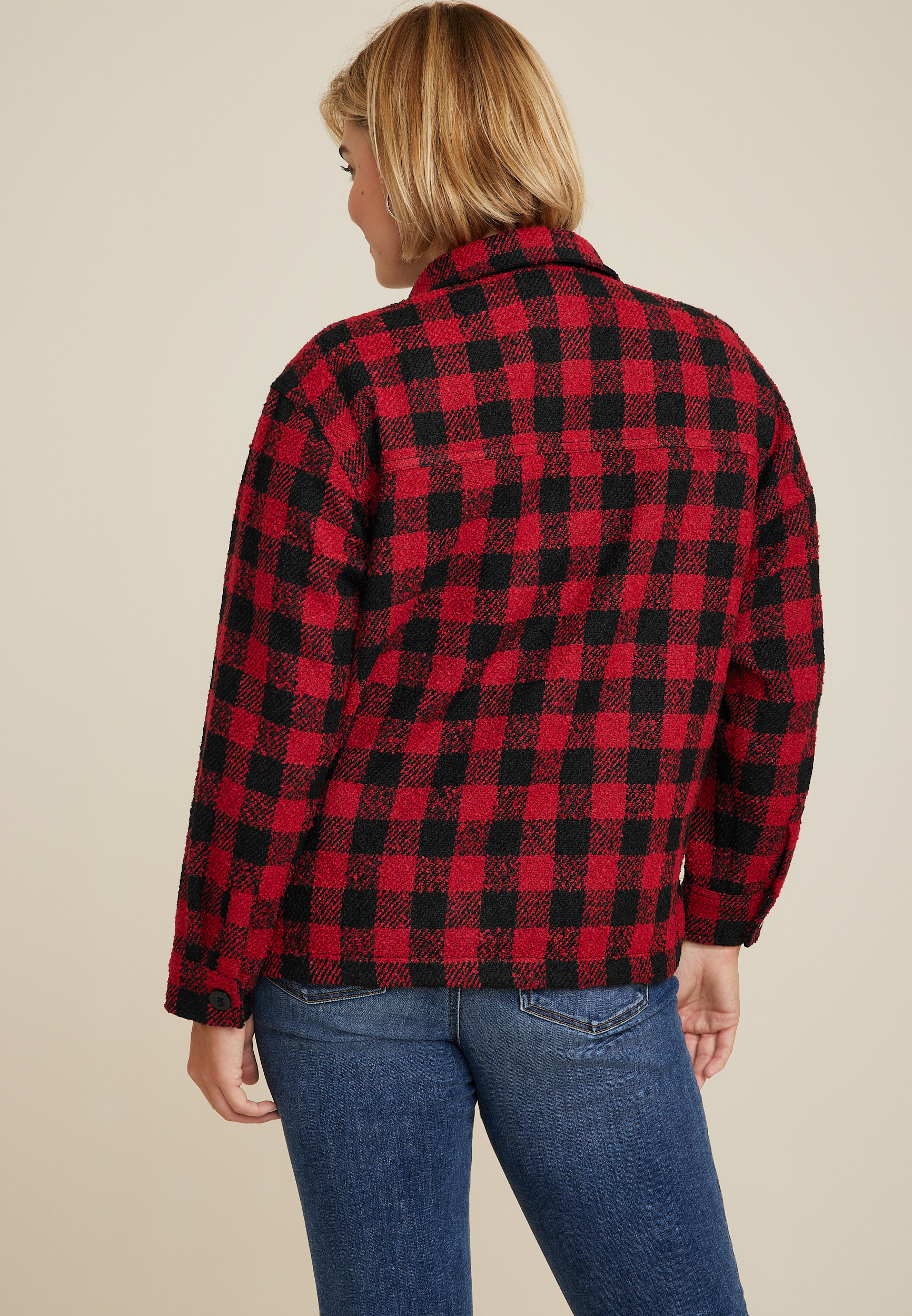 Plus Size Red Buffalo Plaid Short Shacket​, REBEL RED COMBO, large