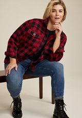 Plus Size Red Buffalo Plaid Short Shacket​, REBEL RED COMBO, small