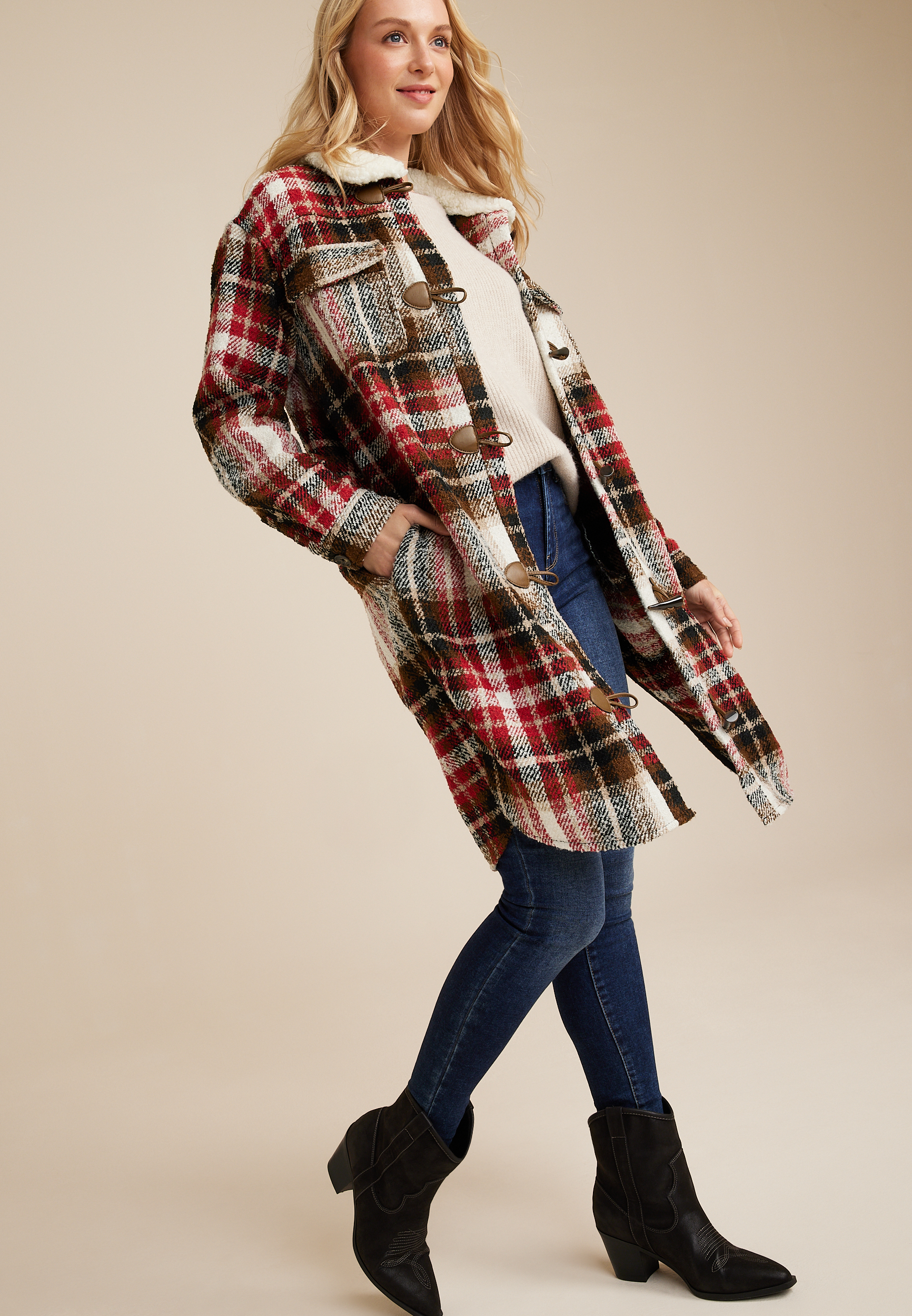 Plaid Toggle Longline Shacket, C1524, large
