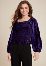 Velvet Smocked Blouson Sleeve Top, C9377, small