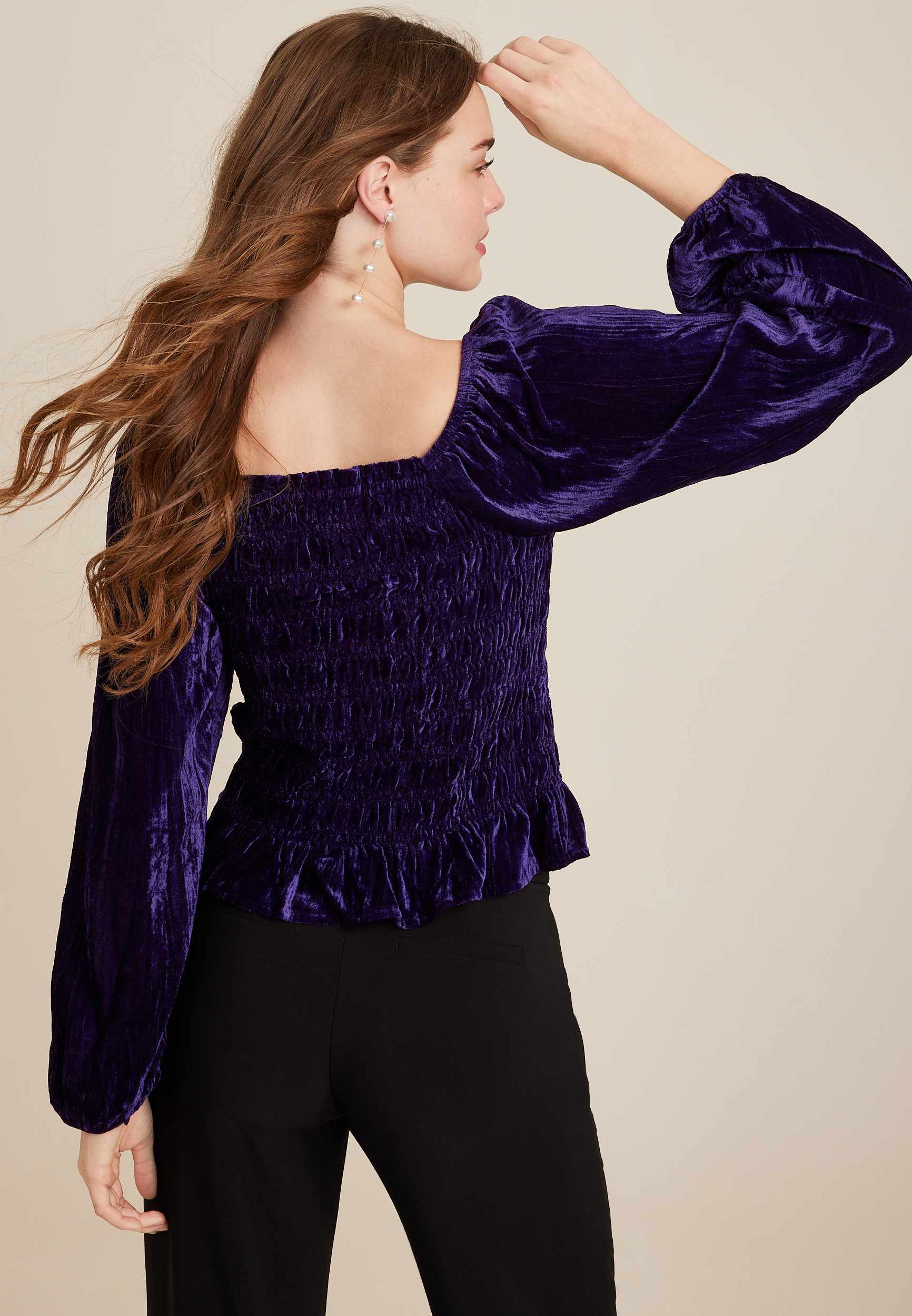 Velvet Smocked Blouson Sleeve Top, C9377, large