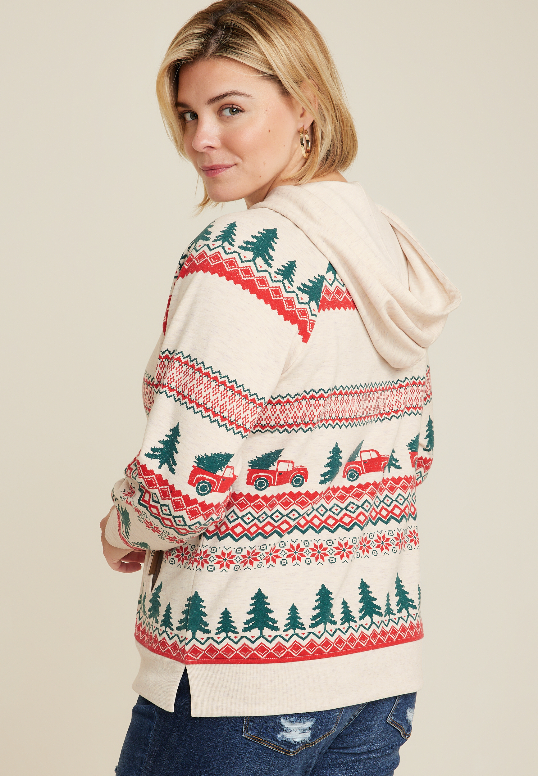 Plus Size Homeward Truck Fair Isle Fleece Hoodie, C2445, large