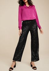 Black Sequin High Rise Wide Leg Pant, , small